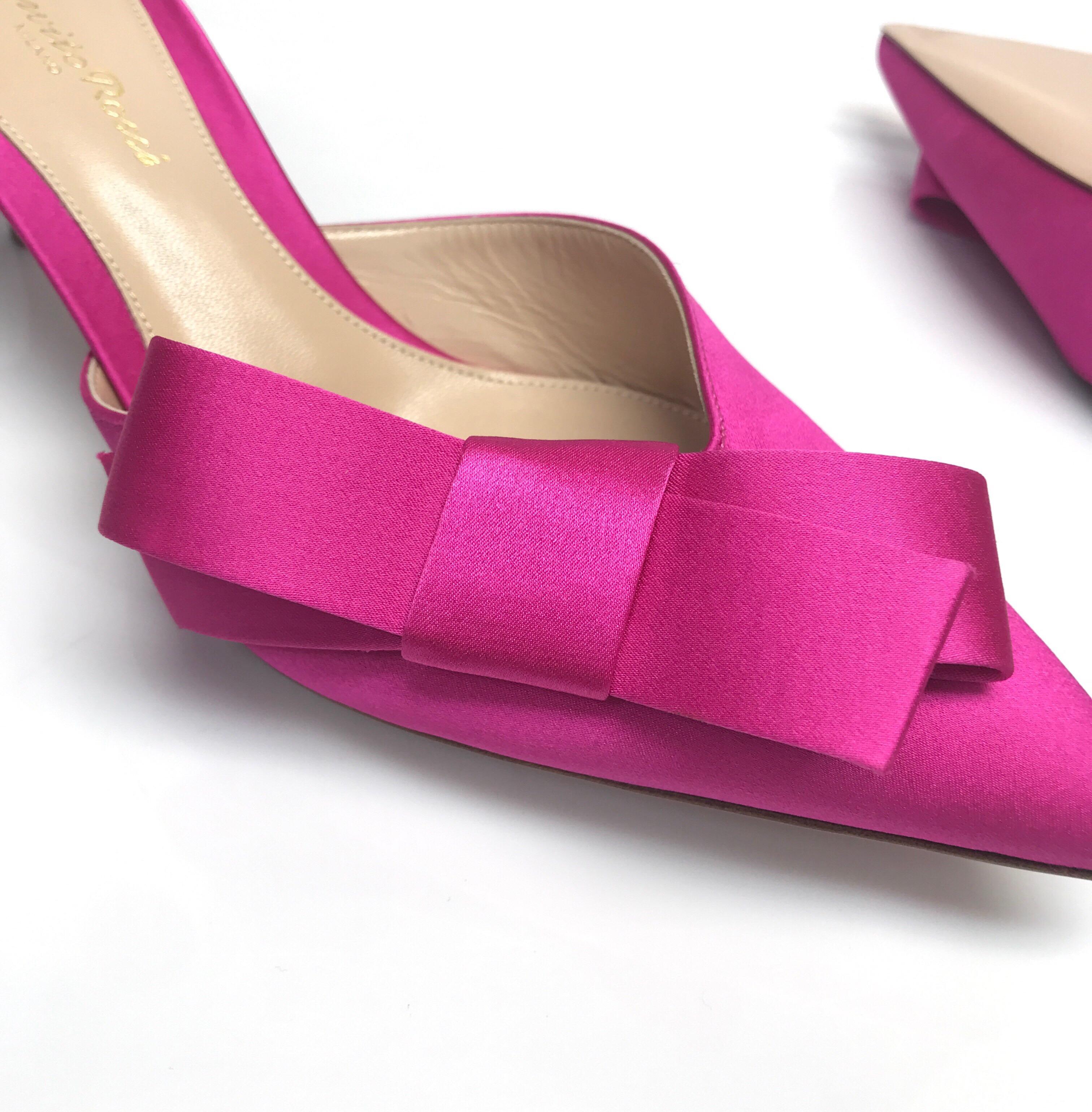 Brown Gianvito Rossi Fuchsia Satin Open Back Pointed Heel w/ Bow-38.5