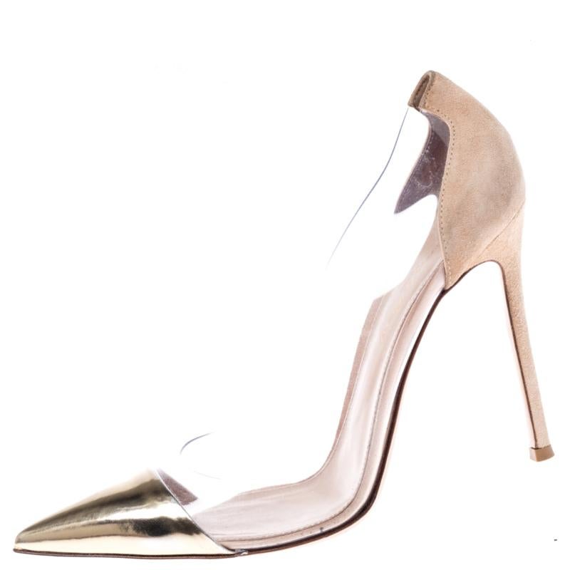 Women's Gianvito Rossi Gold/Beige Leather, Suede and PVC Plexi Pointed Toe Pump Size 39