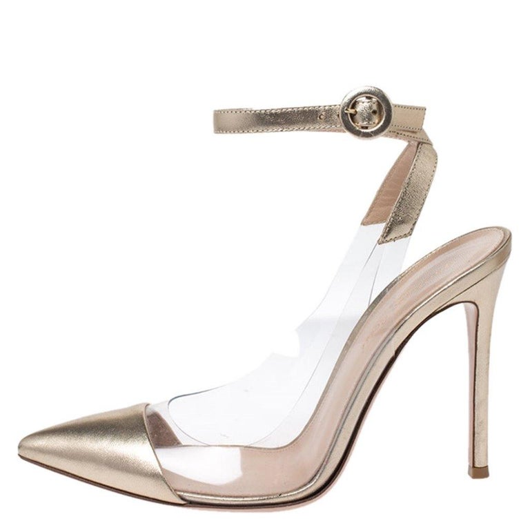Gianvito Rossi Gold Foil Leather and PVC Plexi Pointed Toe Ankle Strap ...