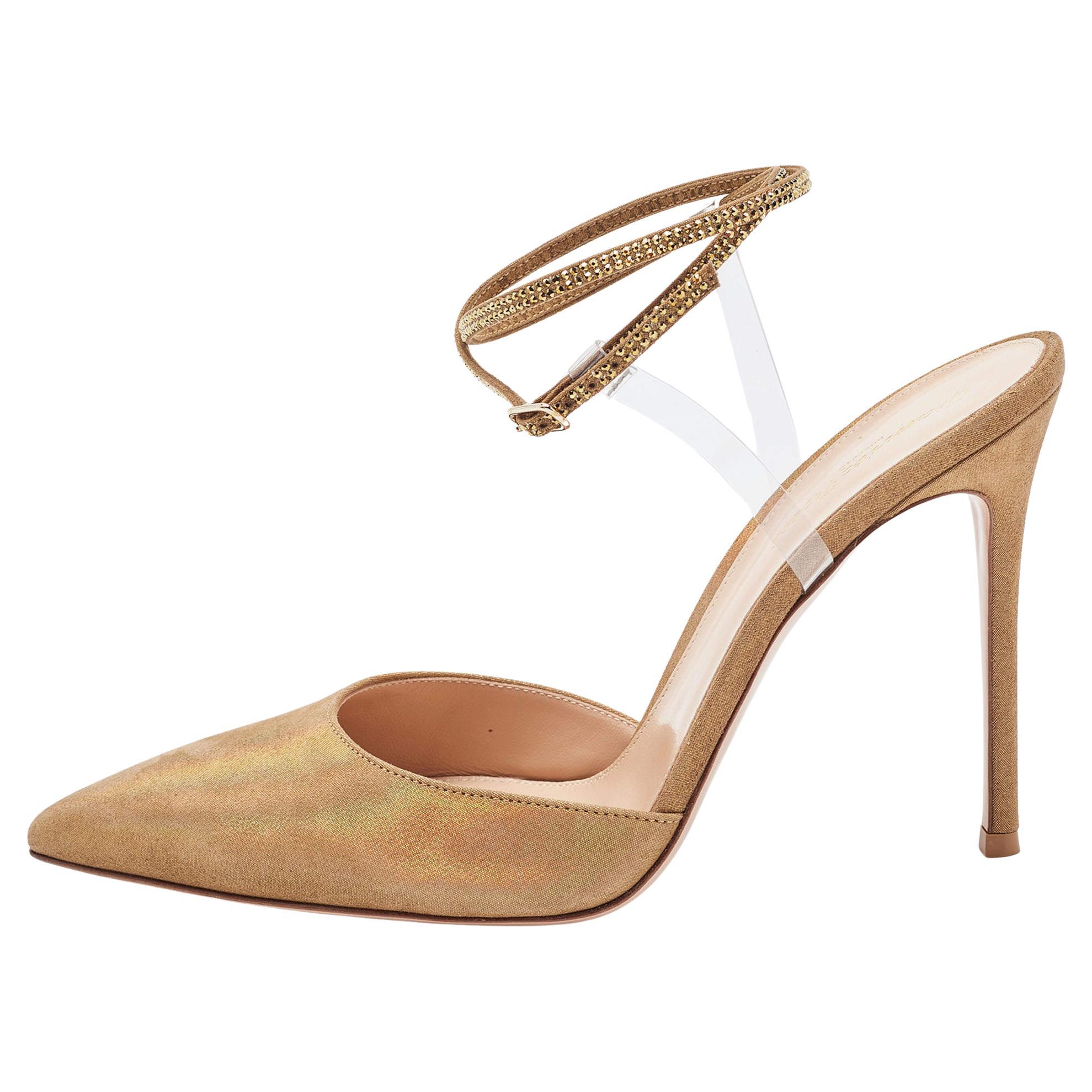 Gianvito Rossi Gold Glitter Nubuck Leather Embellshed Ankle Strap Sandals Size 4 For Sale