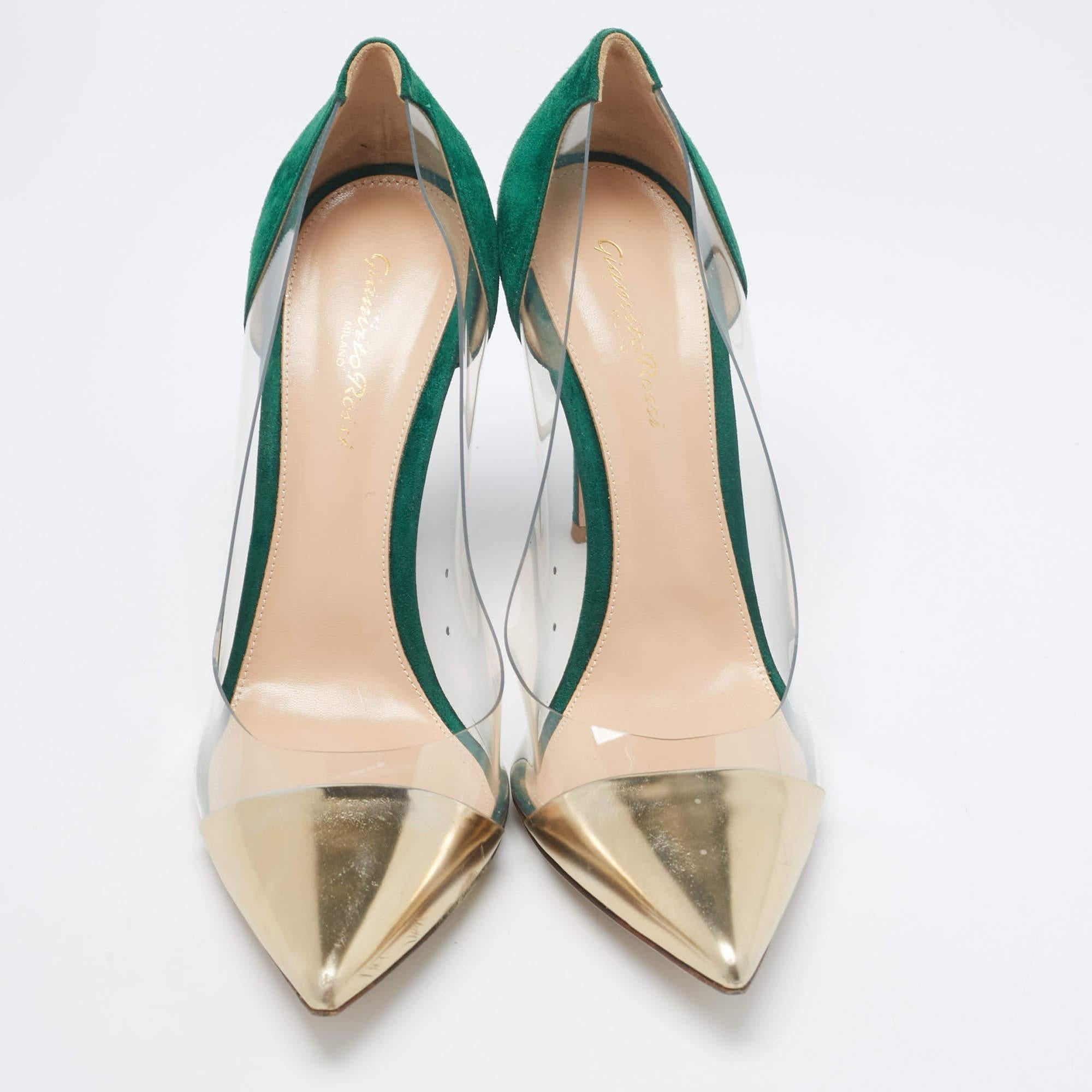 Beige Gianvito Rossi Gold/Green Leather  Suede and PVC Plexi Pumps Size 41.5 For Sale