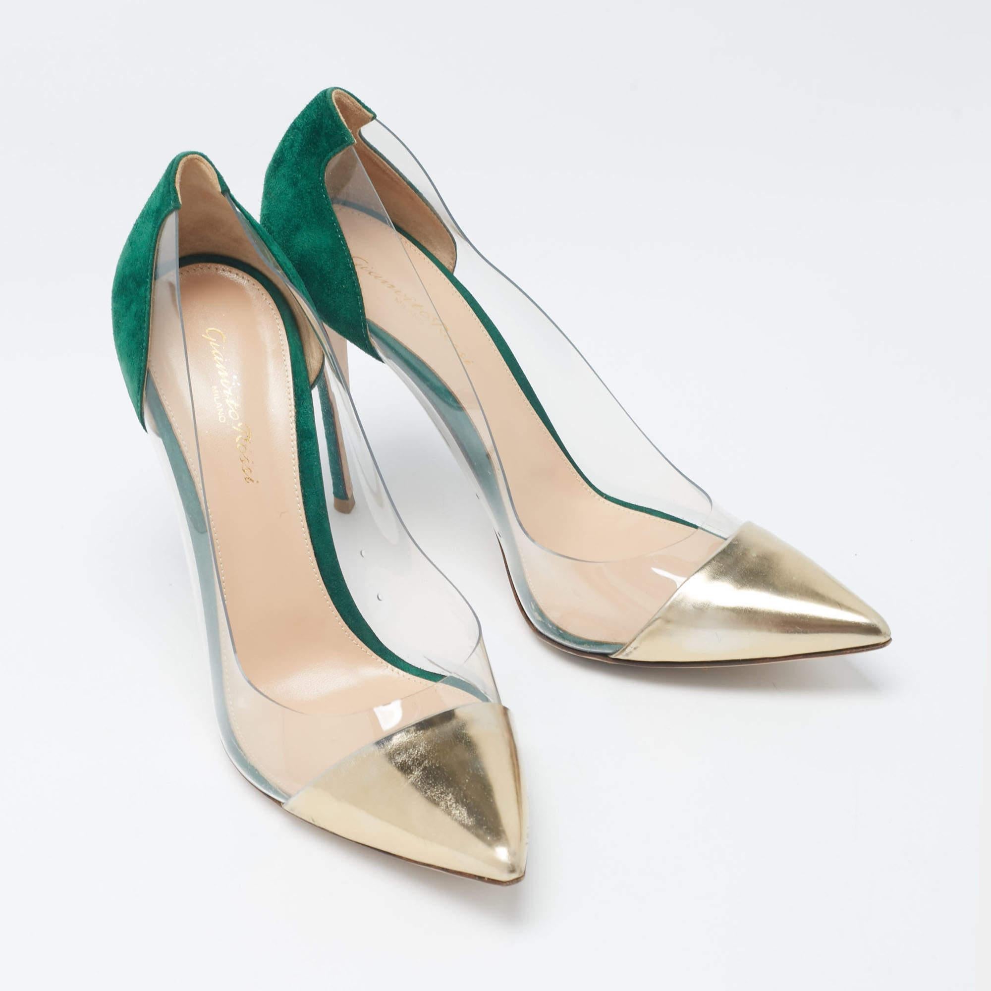 Gianvito Rossi Gold/Green Leather  Suede and PVC Plexi Pumps Size 41.5 In Fair Condition For Sale In Dubai, Al Qouz 2