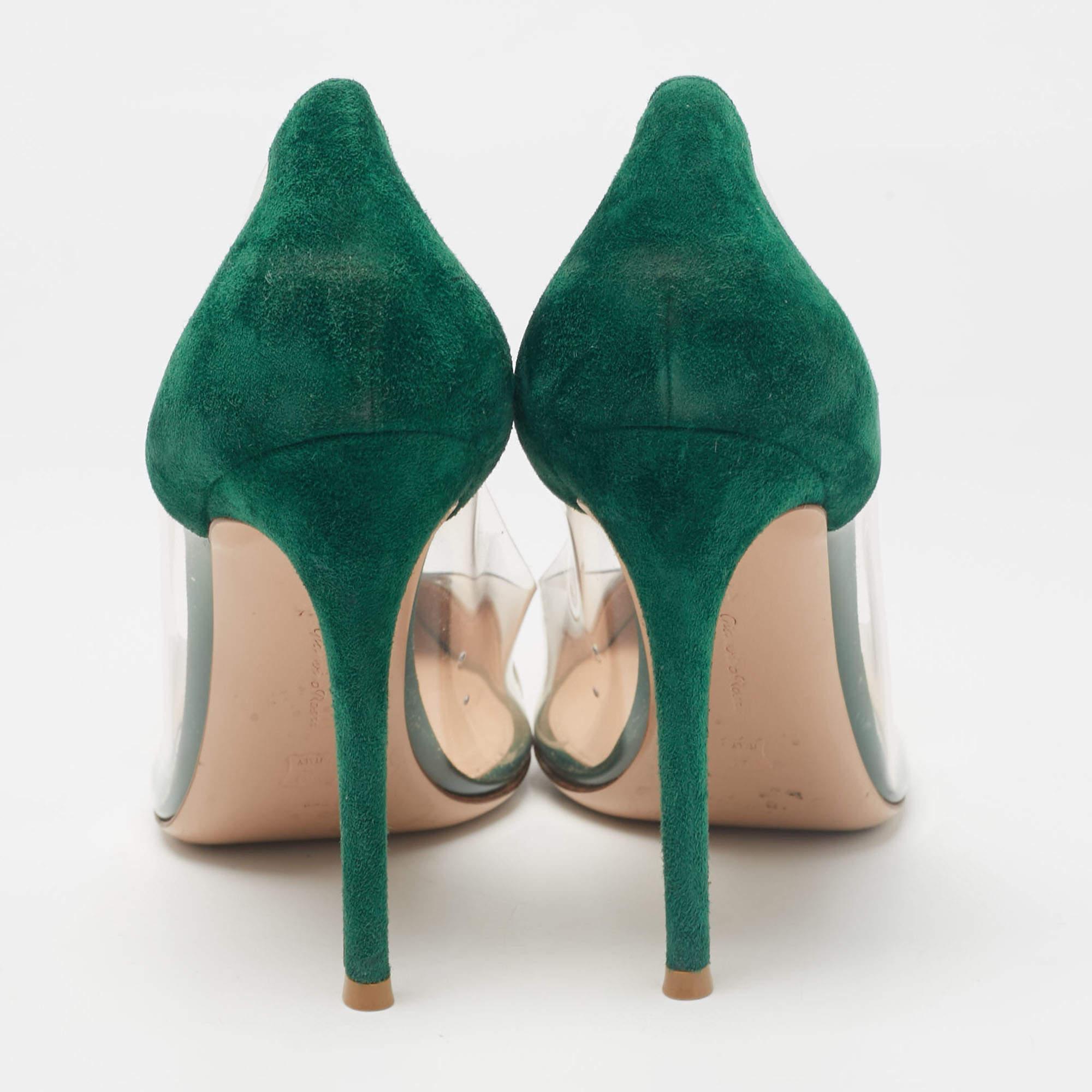 Women's Gianvito Rossi Gold/Green Leather  Suede and PVC Plexi Pumps Size 41.5 For Sale