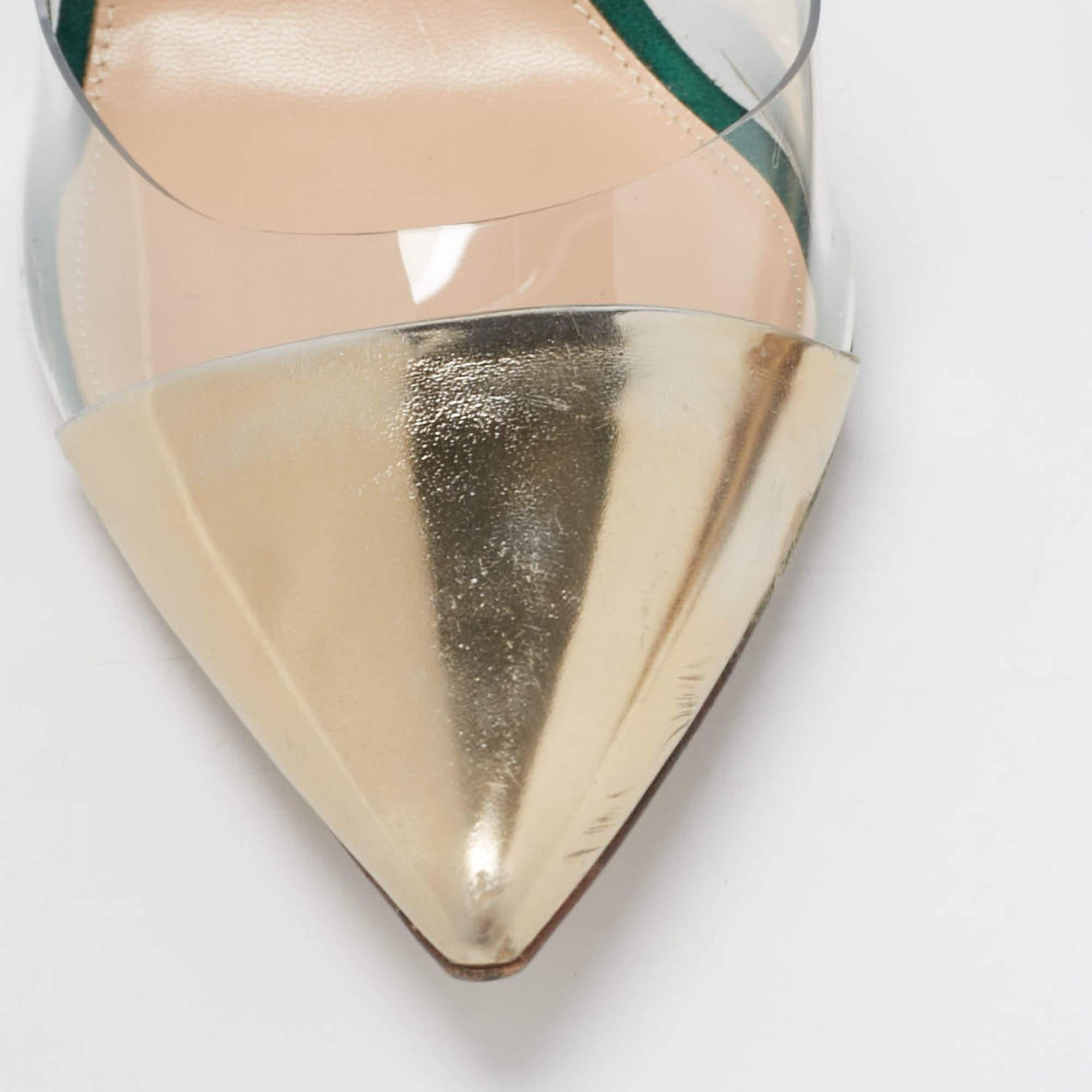 Gianvito Rossi Gold/Green Leather  Suede and PVC Plexi Pumps Size 41.5 For Sale 2