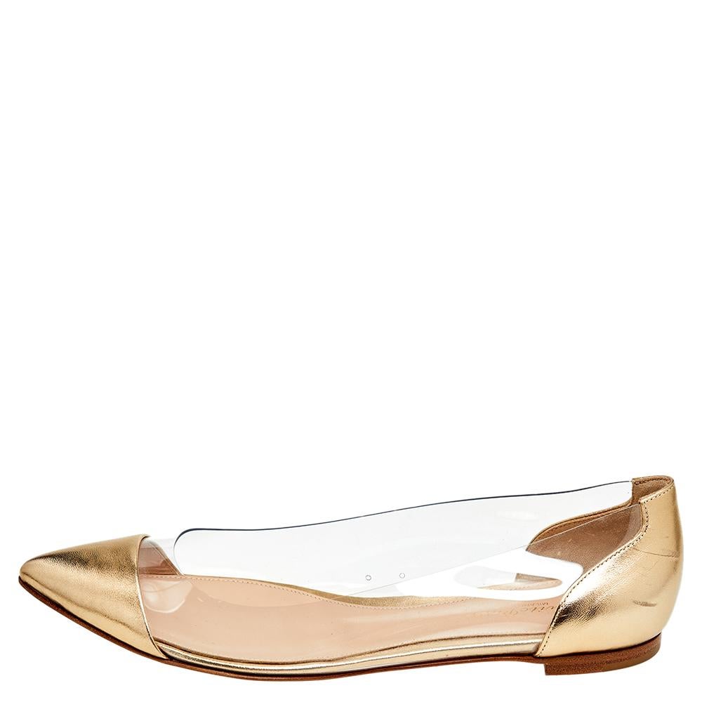 Gianvito Rossi Gold Leather And PVC Plexi Pointed Toe Ballet Flats Size 39.5 1