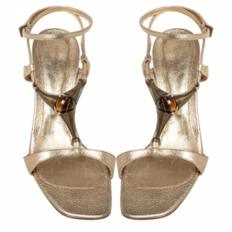 Brown Gianvito Rossi Gold Leather Embellished Ankle Strap Sandals Size 37