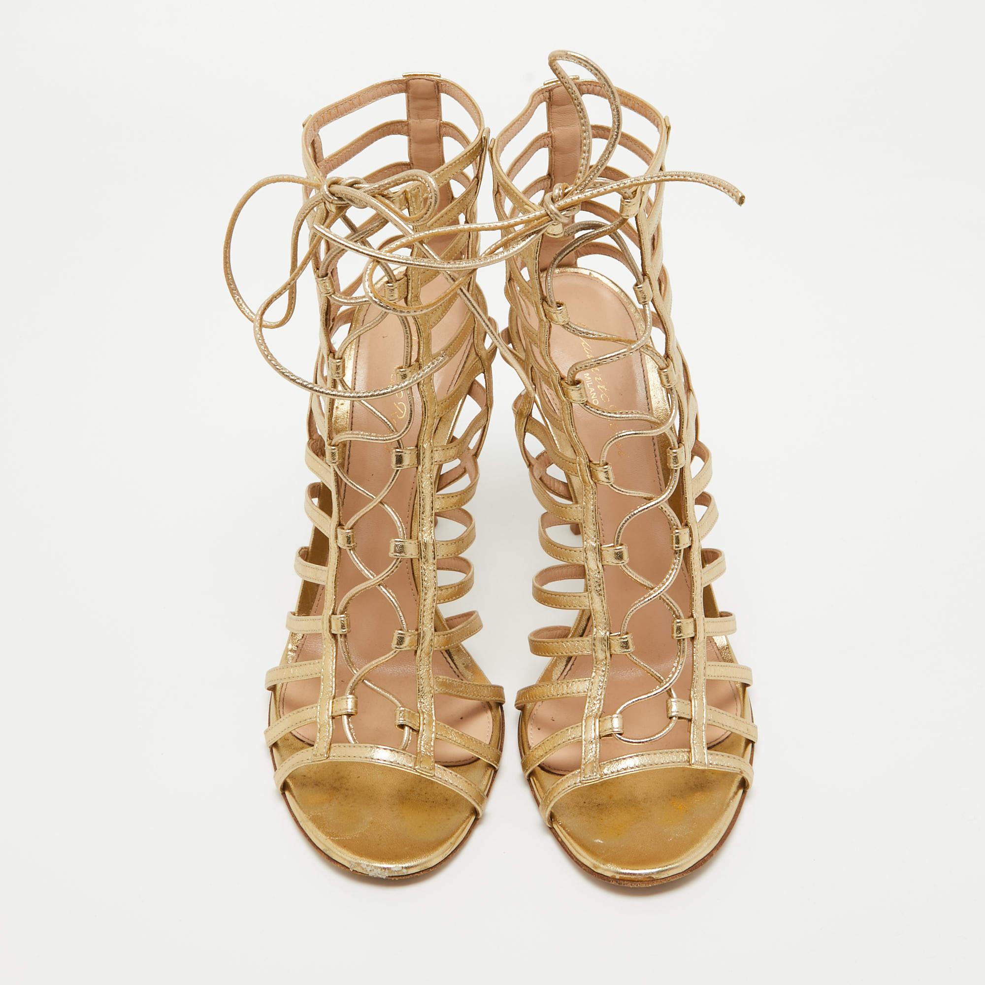 Gianvito Rossi Gold Leather Strappy Lace Up Sandals Size 41 For Sale 2