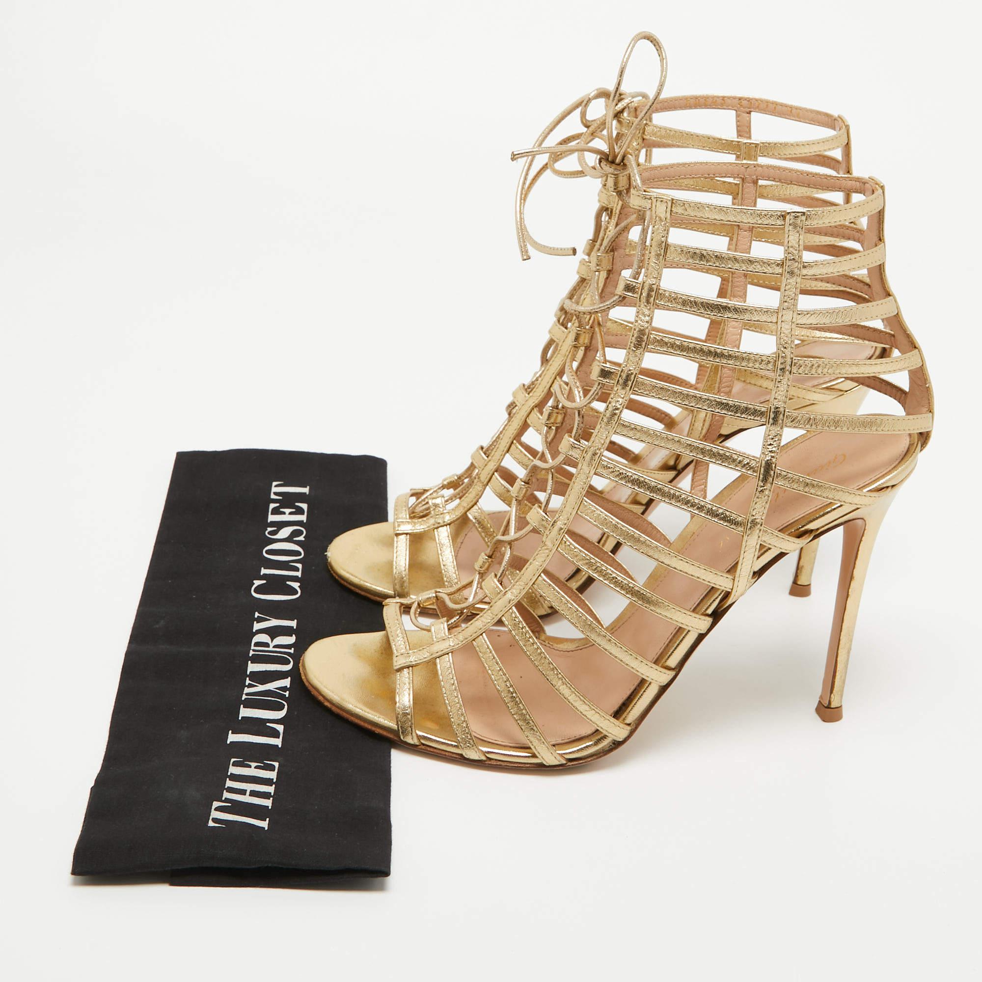 Gianvito Rossi Gold Leather Strappy Lace Up Sandals Size 41 For Sale 5