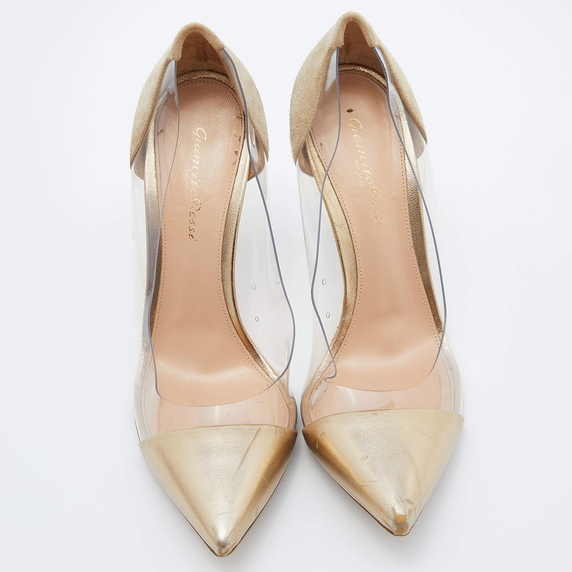 Gianvito Rossi Gold Leather  Suede and PVC Plexi Pumps Size 39 In Fair Condition For Sale In Dubai, Al Qouz 2