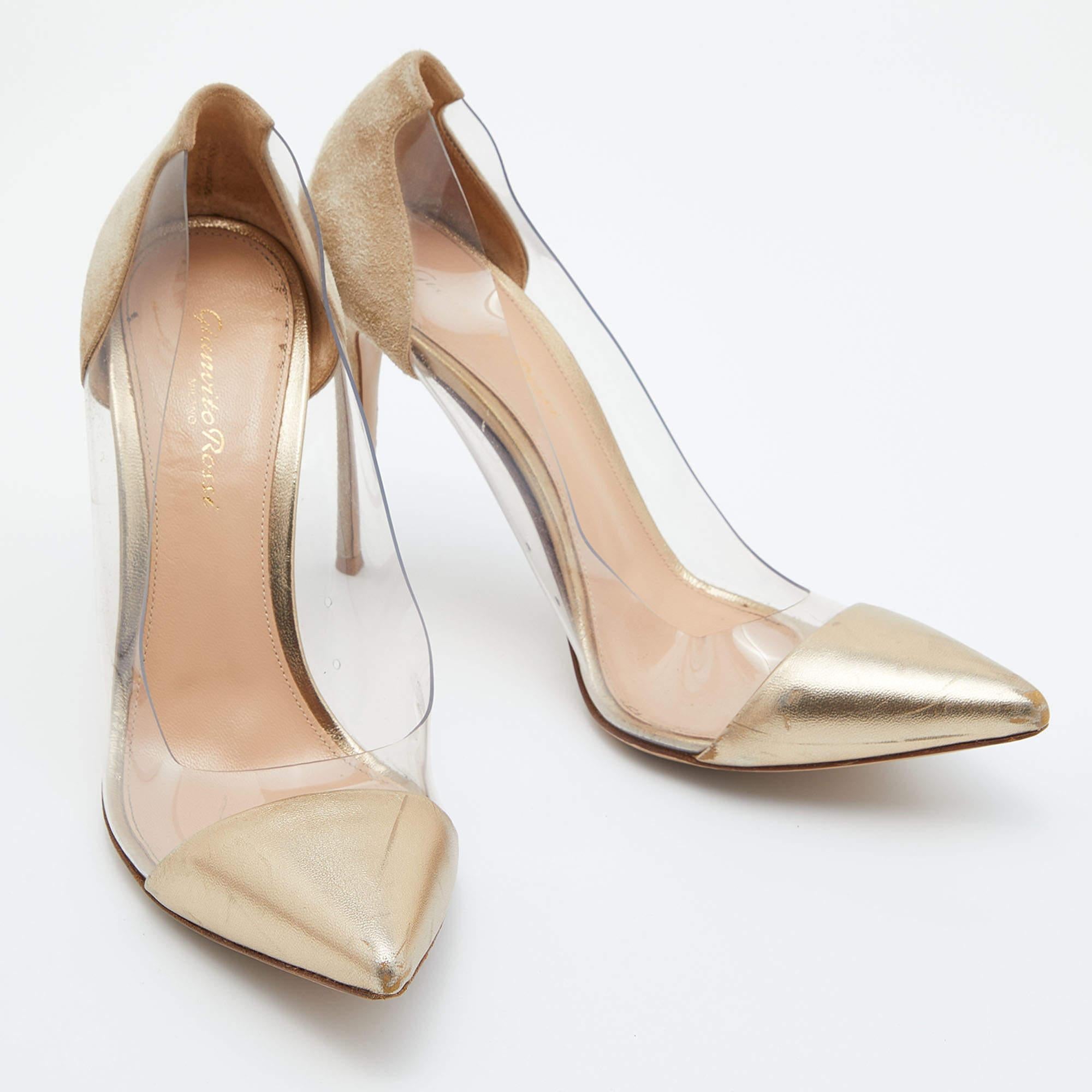 Women's Gianvito Rossi Gold Leather  Suede and PVC Plexi Pumps Size 39 For Sale