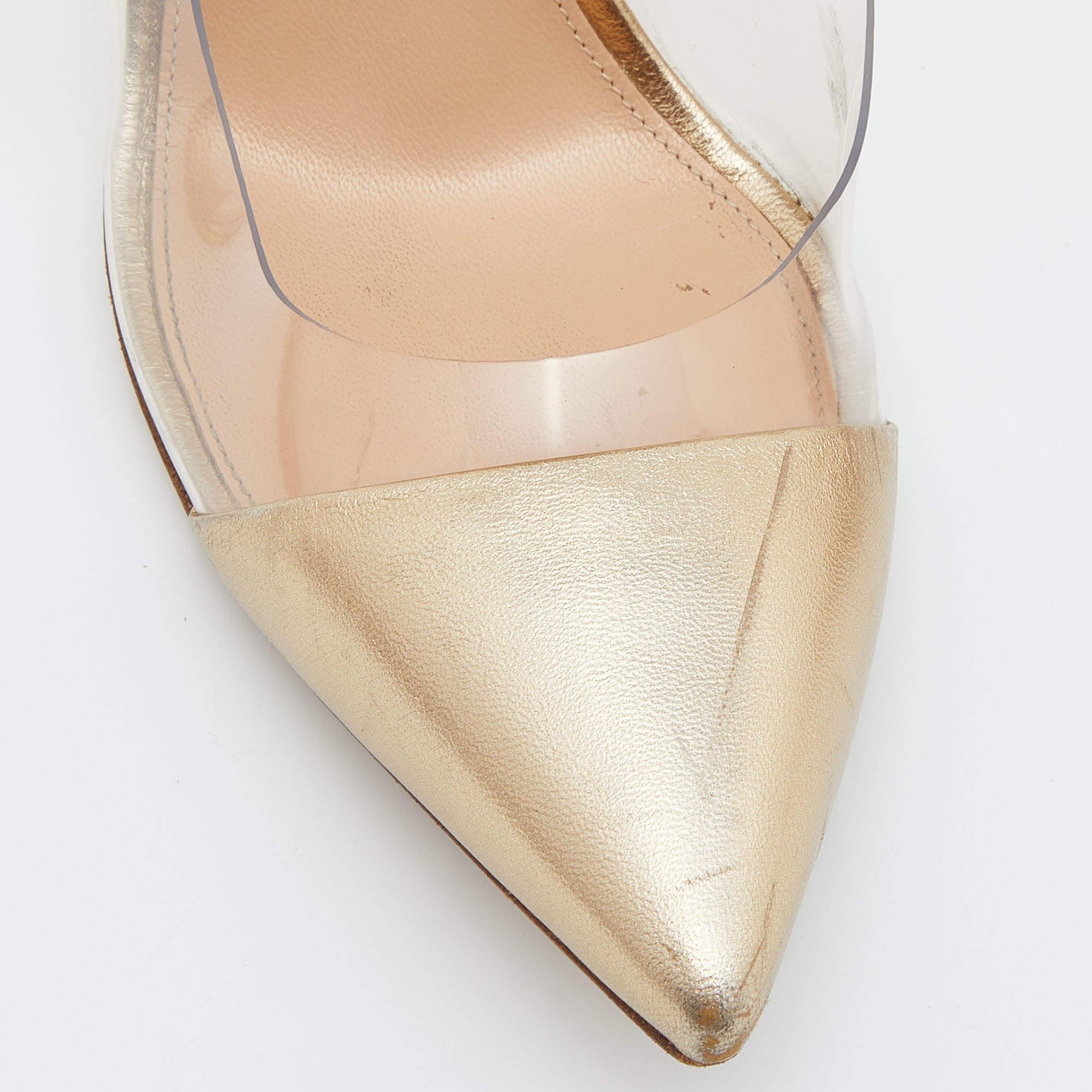 Gianvito Rossi Gold Leather  Suede and PVC Plexi Pumps Size 39 For Sale 3