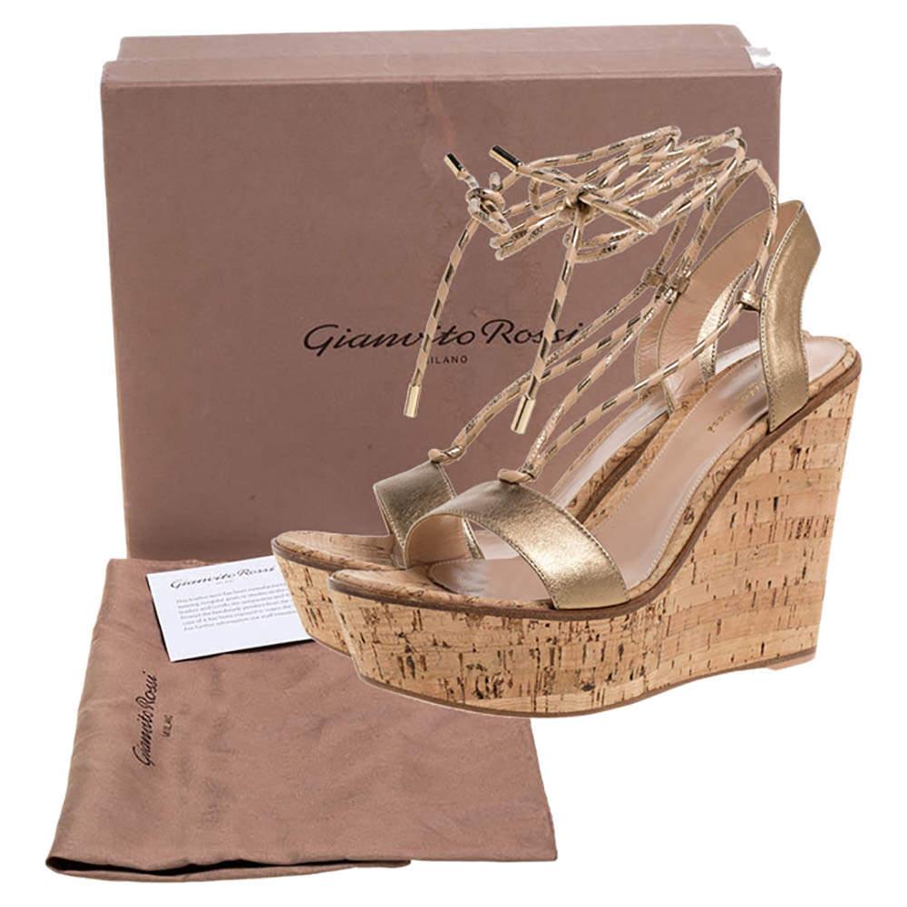 Gianvito Rossi Gold Leather Wedges Ankle Wrap Sandals Size 39.5 4