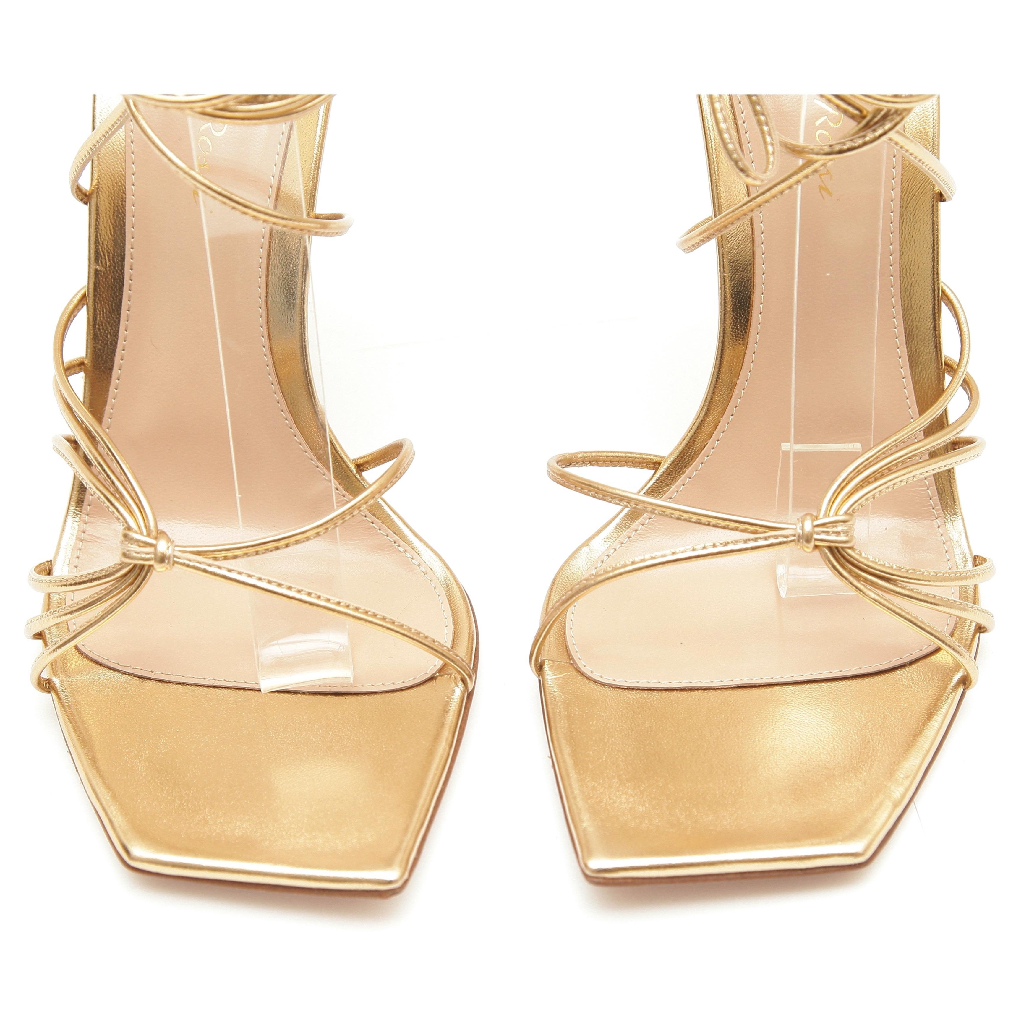 GIANVITO ROSSI Gold Metallic Leather SYLVIE Strappy Sandal Ankle Tie 38.5 NIB In New Condition In Hollywood, FL