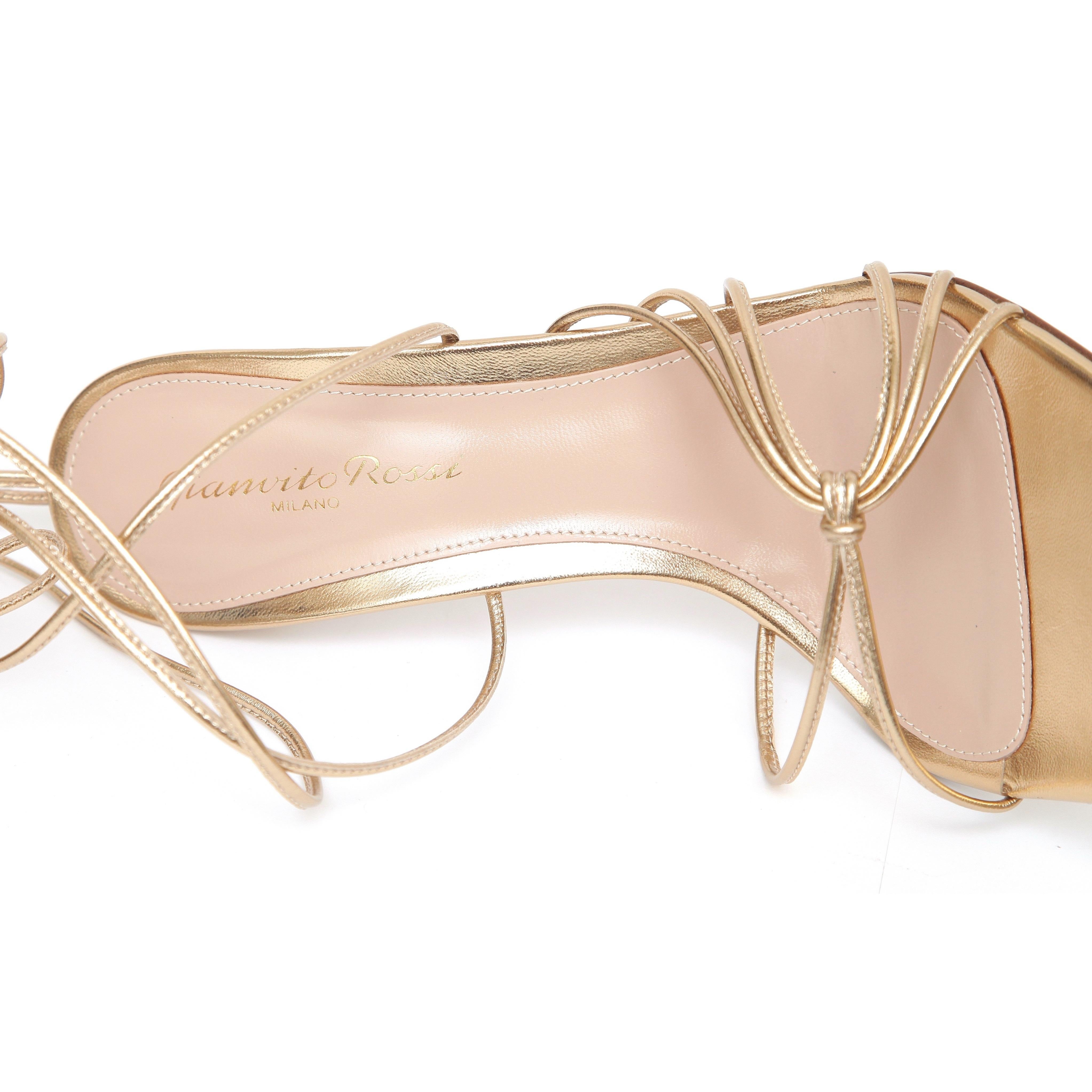 GIANVITO ROSSI Gold Metallic Leather SYLVIE Strappy Sandal Ankle Tie 38.5 NIB For Sale 1