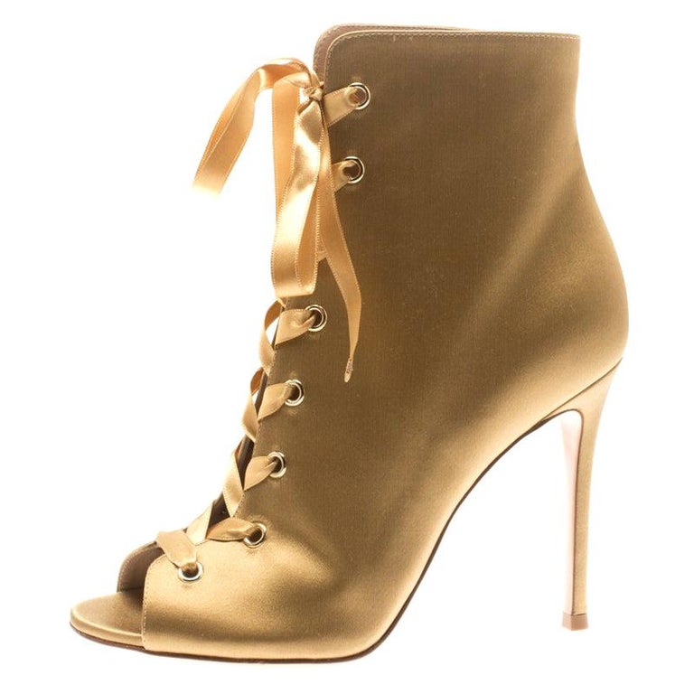 Gianvito Rossi Gold Satin Marie Peep Toe Lace Up Ankle Booties Size 36 For  Sale at 1stDibs | suede peep toe booties, red peep toe booties, leather open  toe booties