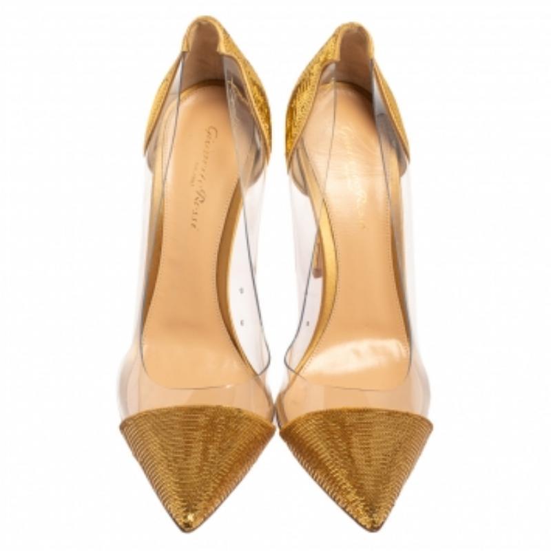 Brown Gianvito Rossi Gold Sequins And PVC Embellished Plexi Pumps Size 39.5 For Sale