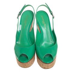 Gianvito Rossi Green Cork Wedge Platform Slingback Sandals Size 37