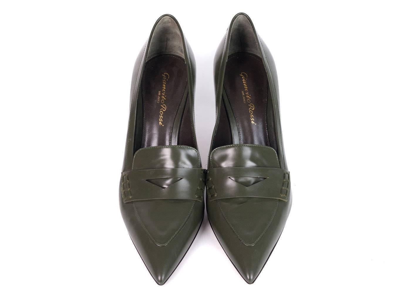 Black Gianvito Rossi Green Leather Pointed Toe Metal Accent Heels