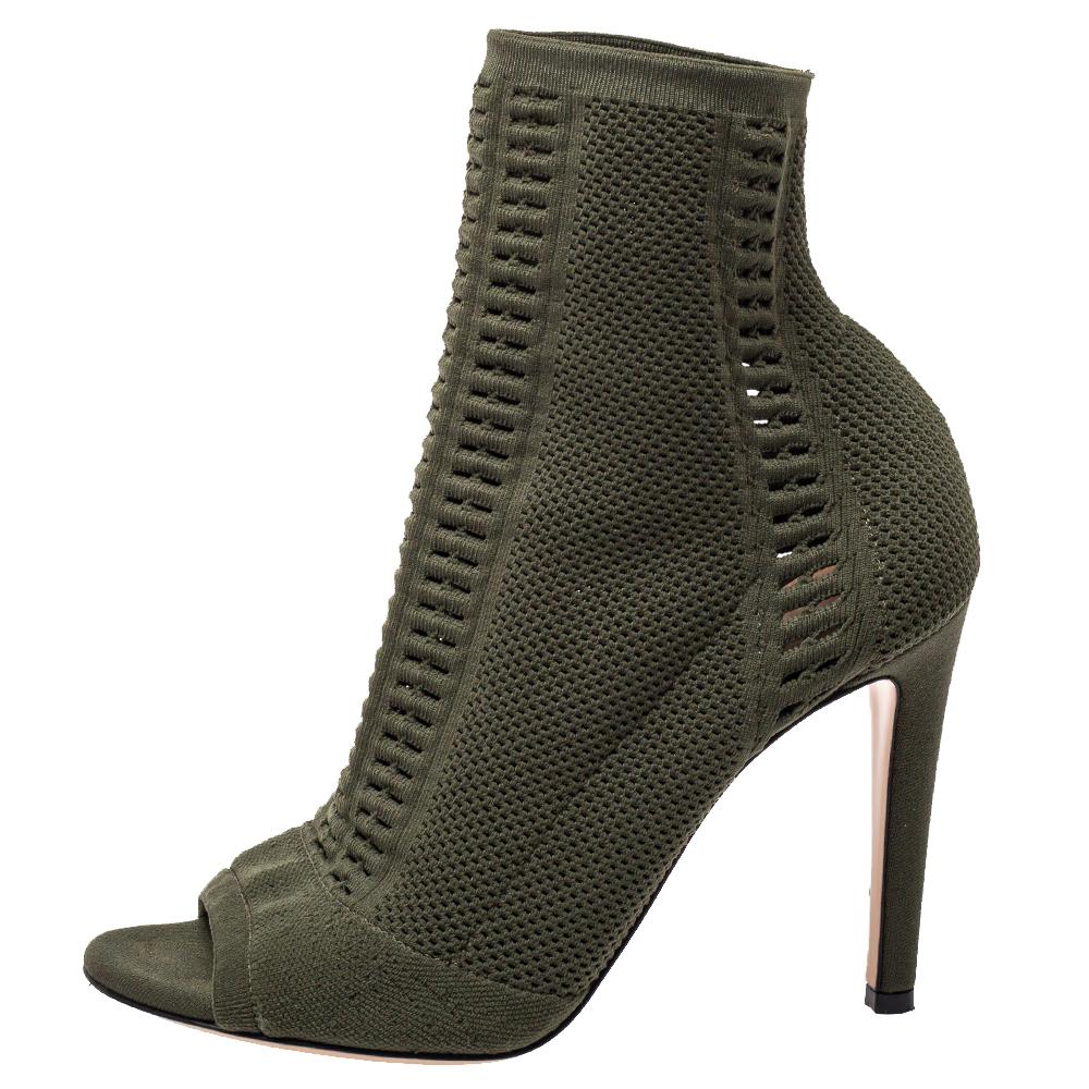 Women's Gianvito Rossi Green Perforated Knit Fabric Ankle Boots Size 37.5