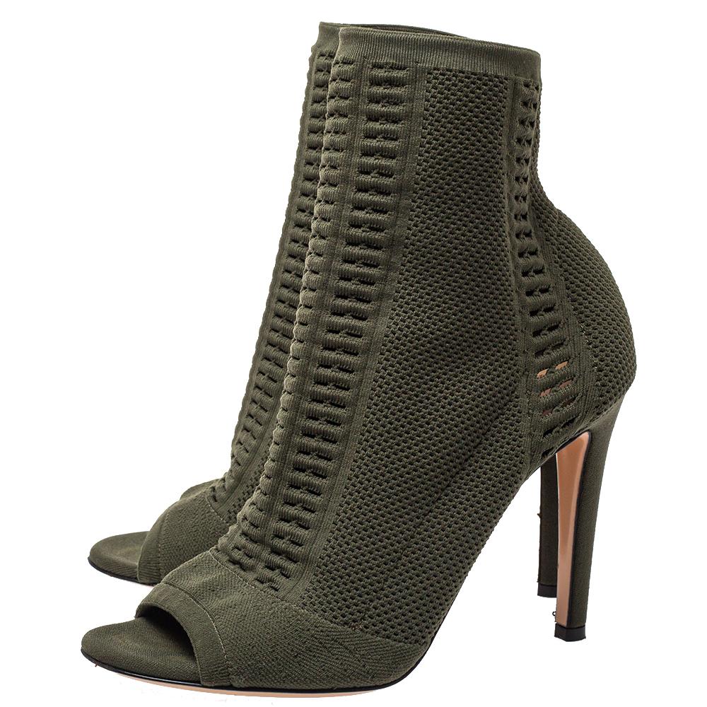Gianvito Rossi Green Perforated Knit Fabric Ankle Boots Size 37.5 2