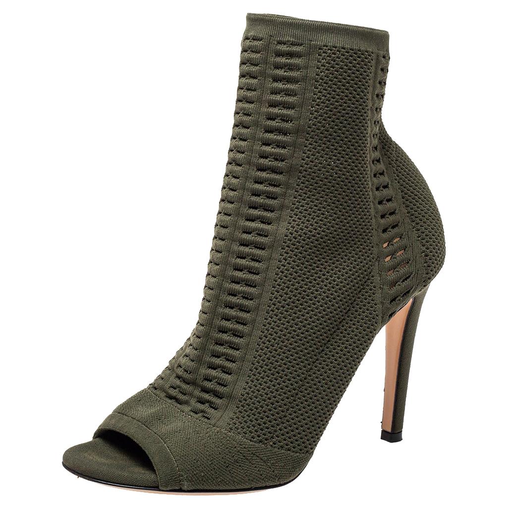 Gianvito Rossi Green Perforated Knit Fabric Ankle Boots Size 37.5