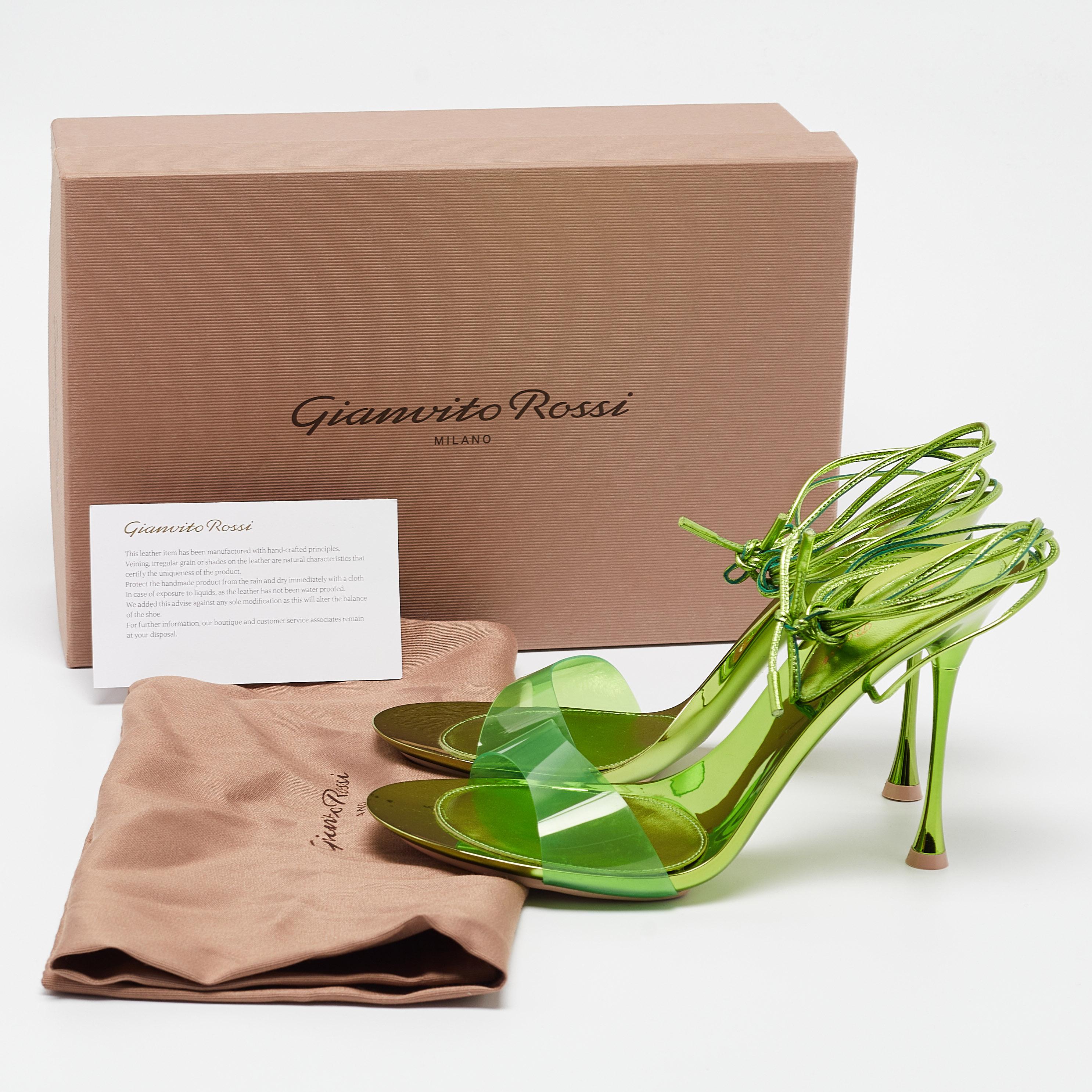 Gianvito Rossi Green PVC and Leather Spice Sandals Size 39.5 For Sale 3
