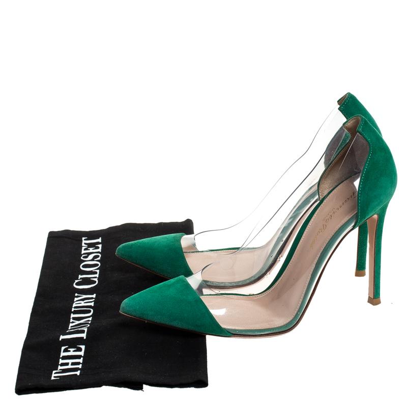 Women's Gianvito Rossi Green Suede and PVC Plexi Pointed Toe Pumps Size 38.5