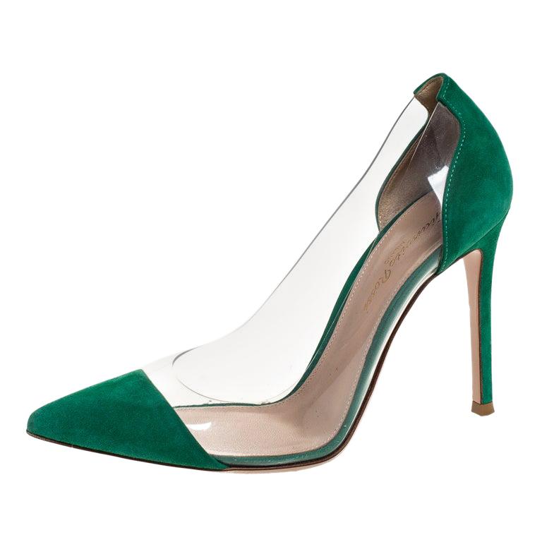 Gianvito Rossi Green Suede and PVC Plexi Pointed Toe Pumps Size 38.5 at