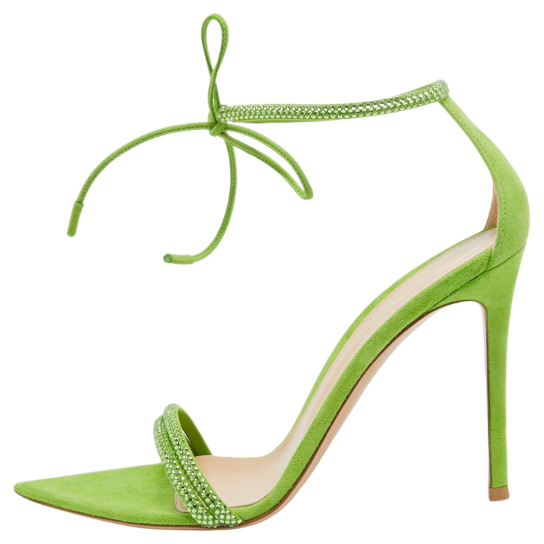 Gianvito Rossi Green Suede Crystal Embellished Montecarlo Sandals Size 39 For Sale