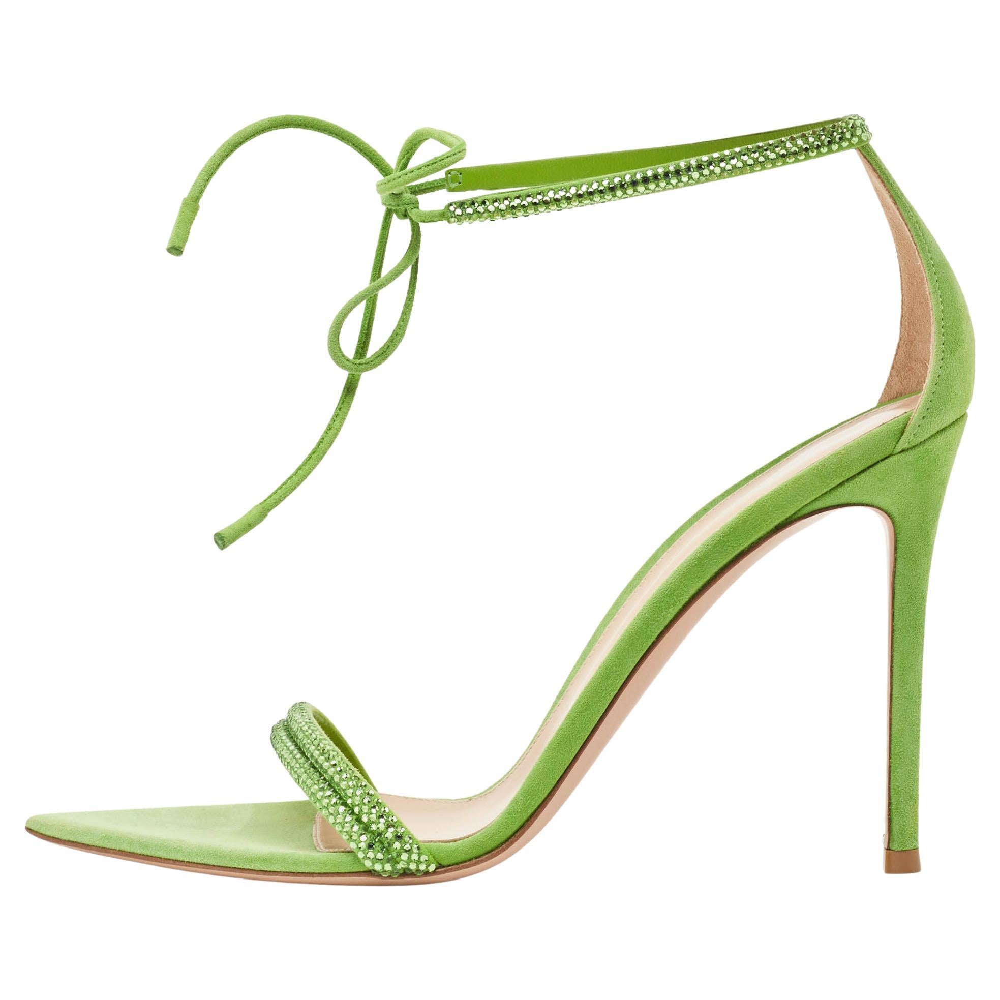 Gianvito Rossi Green Suede Crystal Embellished Montecarlo Sandals Size 40 For Sale