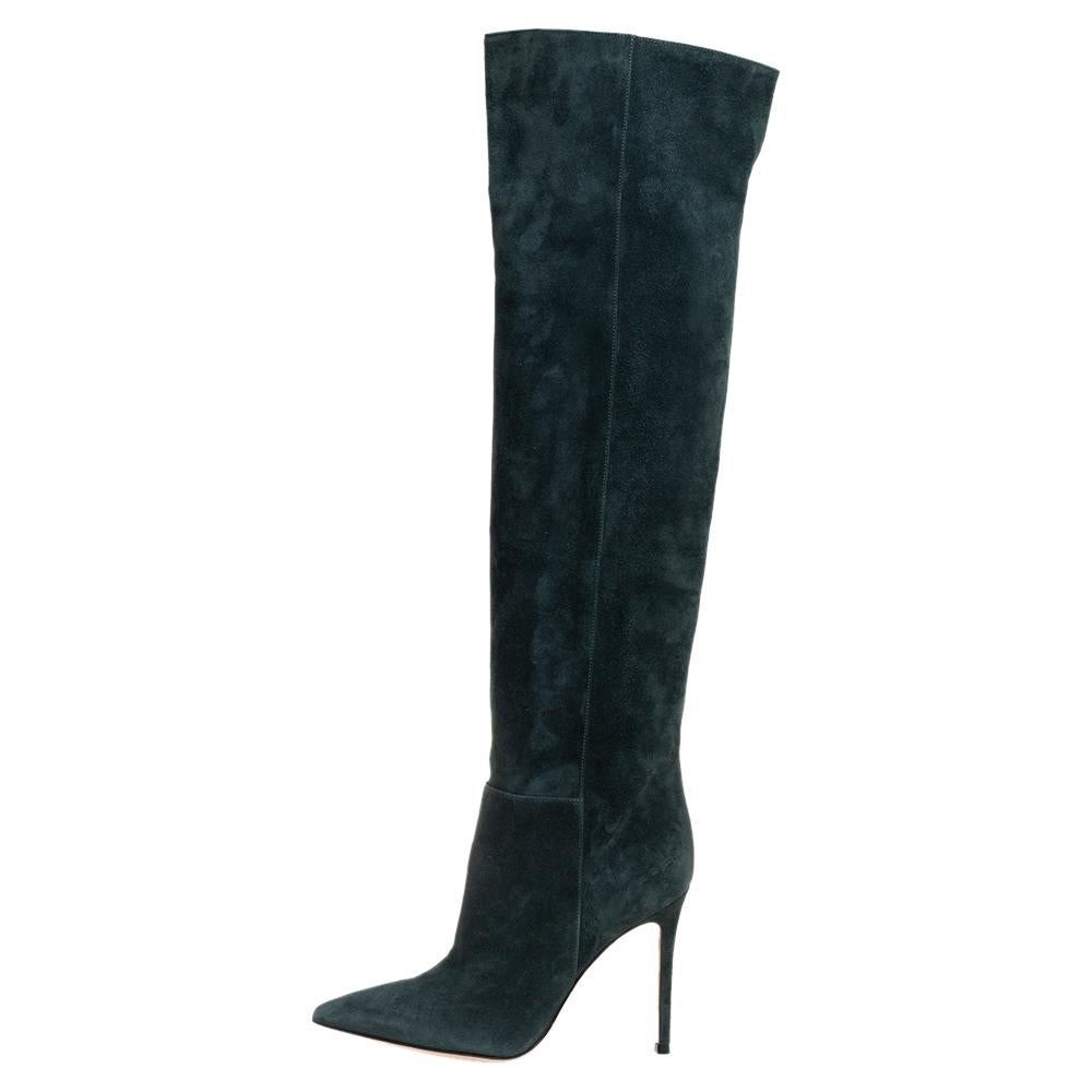 If you're looking to add a pair of over-the-knee boots to your collection, it should be these from Gianvito Rossi! The green boots are crafted from suede into a chic silhouette. They flaunt pointed toes, comfortable leather-lined insoles, and 10 cm