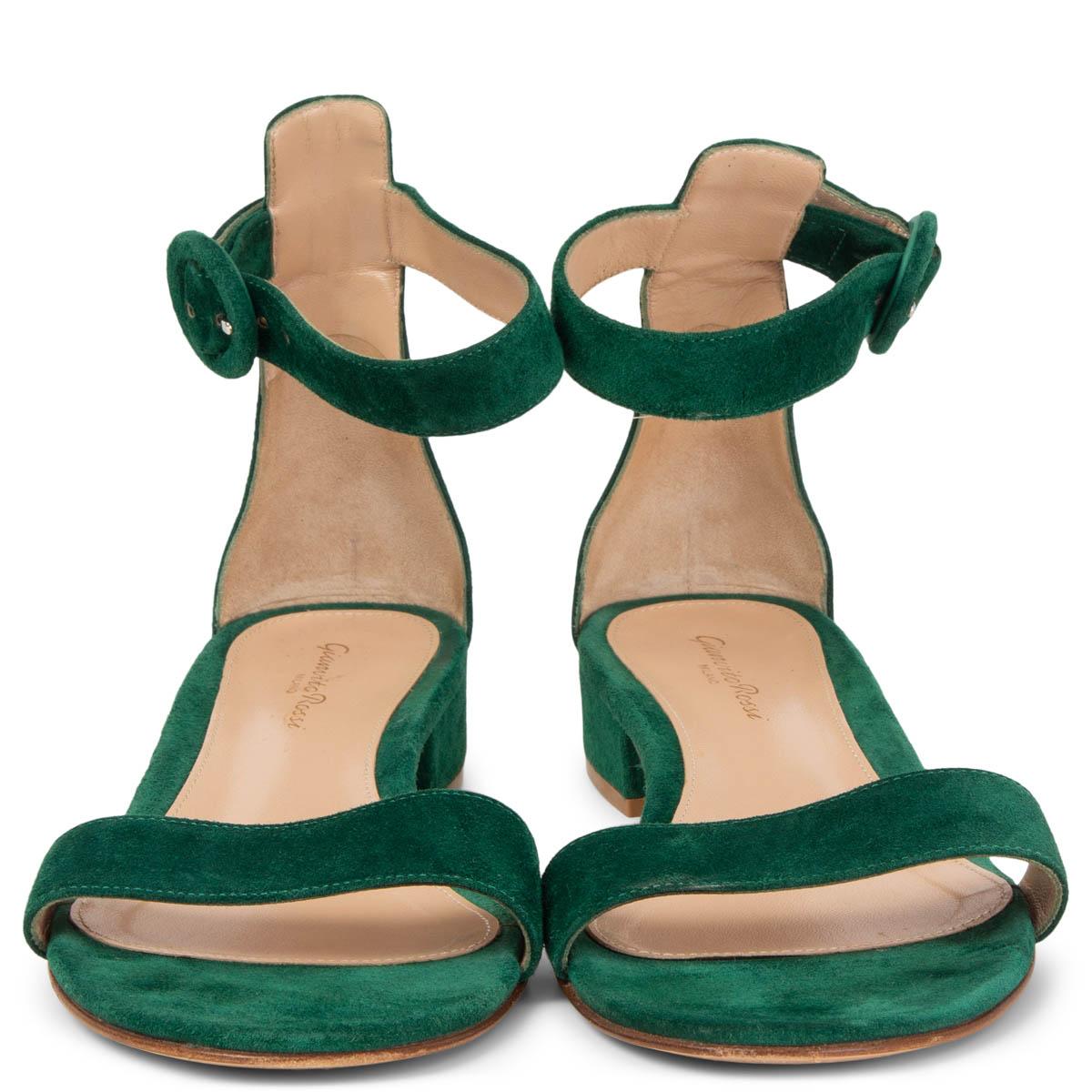 100% authentic Gianvito Rossi Portofino 20 Sandals in green suede leather which feature a 20mm block heel. Have been worn once or twice and are in excellent condition. 

Measurements
Imprinted Size	38
Shoe Size	38
Inside Sole	25cm (9.8in)
Width	8cm