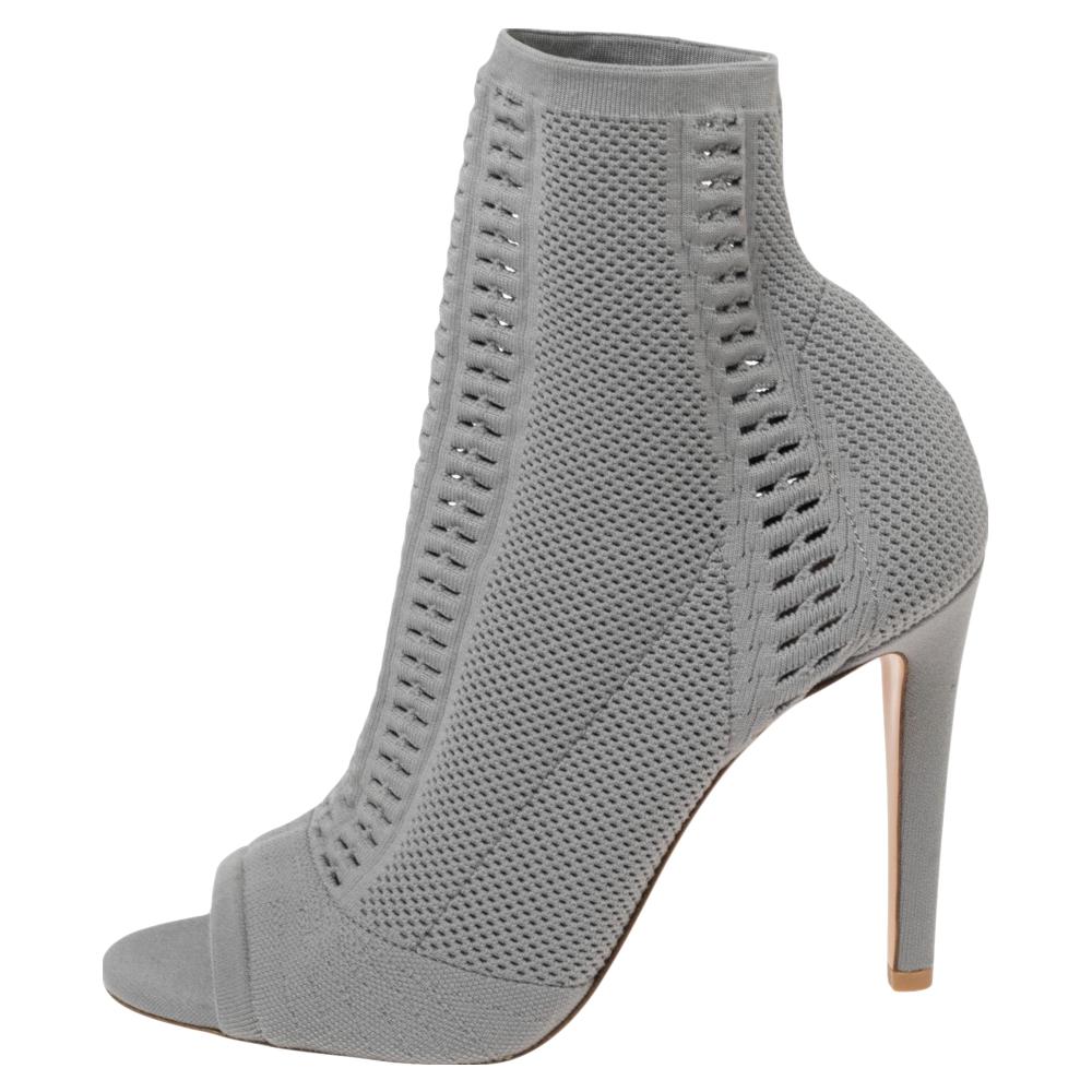 Women's Gianvito Rossi Grey Knit Fabric Open-Toe Ankle Boots Size 38.5