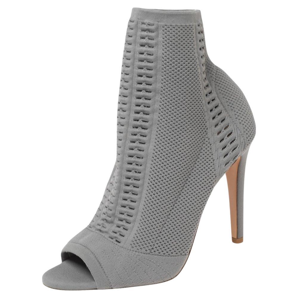 Gianvito Rossi Grey Knit Fabric Open-Toe Ankle Boots Size 38.5