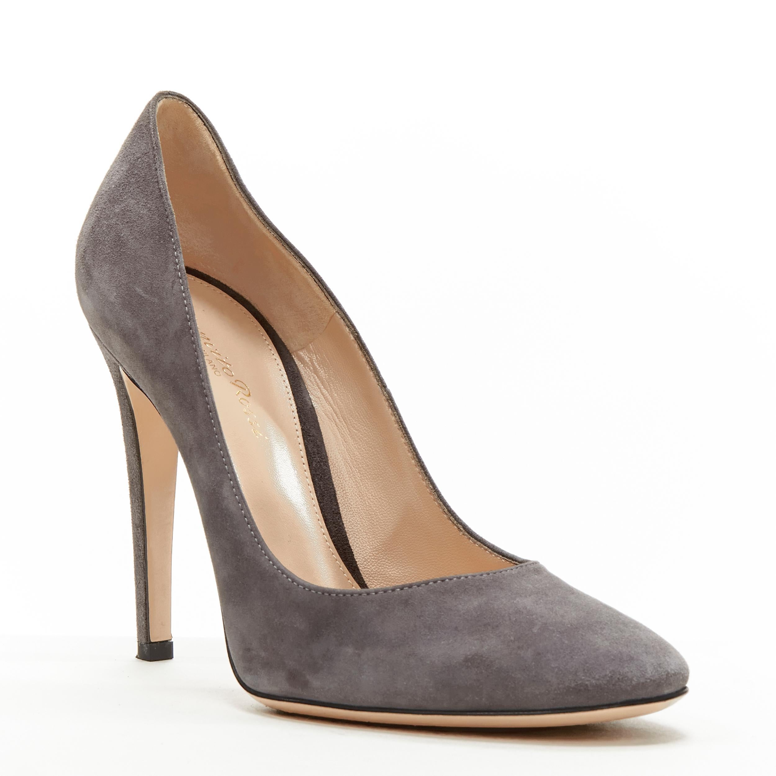 GIANVITO ROSSI grey suede almond toe stiletto heel pump EU38 
Reference: LNKO/A01992 
Brand: Gianvito Rossi 
Material: Suede 
Color: Grey 
Pattern: Solid 
Made in: Italy 

CONDITION: 
Condition: Excellent, this item was pre-owned and is in excellent