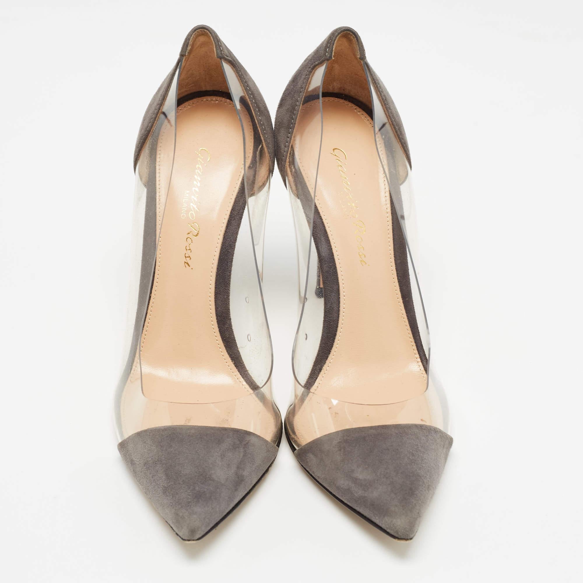 Beige Gianvito Rossi Grey Suede and PVC Plexi Pumps Size 35.5 For Sale