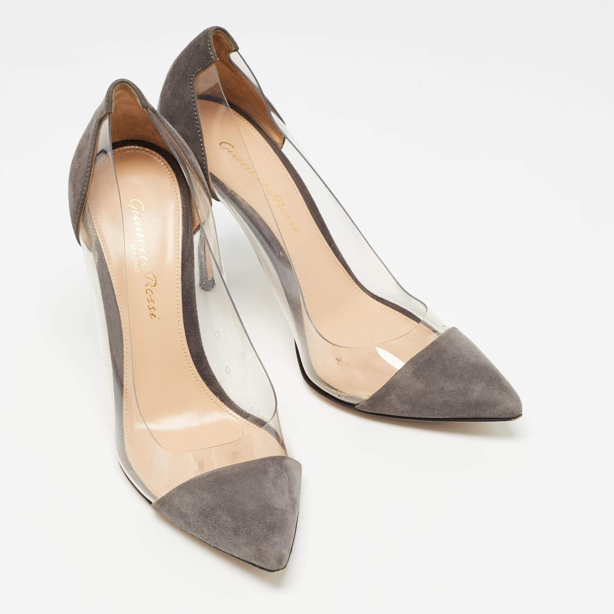 Gianvito Rossi Grey Suede and PVC Plexi Pumps Size 35.5 In Good Condition For Sale In Dubai, Al Qouz 2