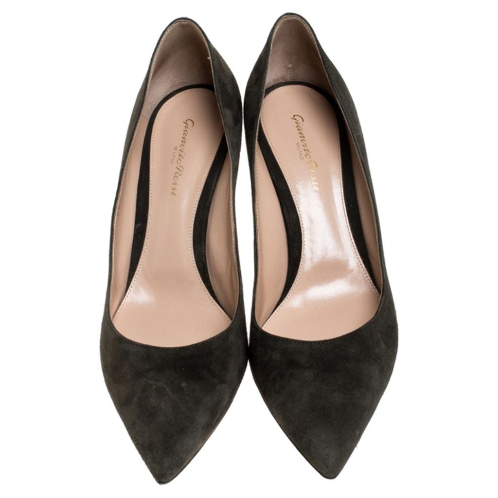 Raise the style bar wherever you go with this pair of Gianvito Rossi pumps. Made of suede in grey and designed with pointed toes and 8 cm heels, these will give you the perfect amount of fashion and confidence.

Includes: Original Dustbag, Original