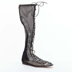 GIANVITO ROSSI Helena black crochet mesh gold rings lace up  sandals EU38