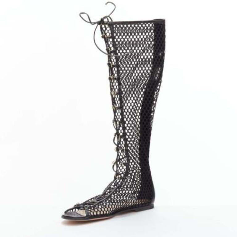 GIANVITO ROSSI Helena black crochet mesh gold rings lace up  sandals EU38 In Good Condition For Sale In Hong Kong, NT