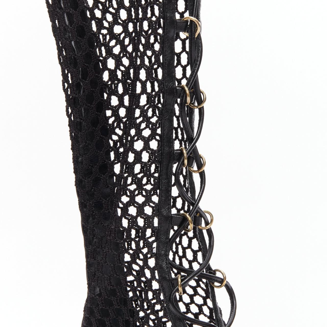 GIANVITO ROSSI Helena black crochet mesh gold rings lace up  sandals EU38 For Sale 2