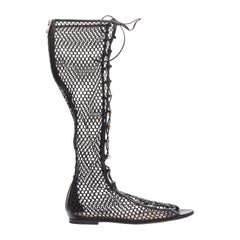 GIANVITO ROSSI Helena black crochet mesh gold rings lace up  sandals EU38