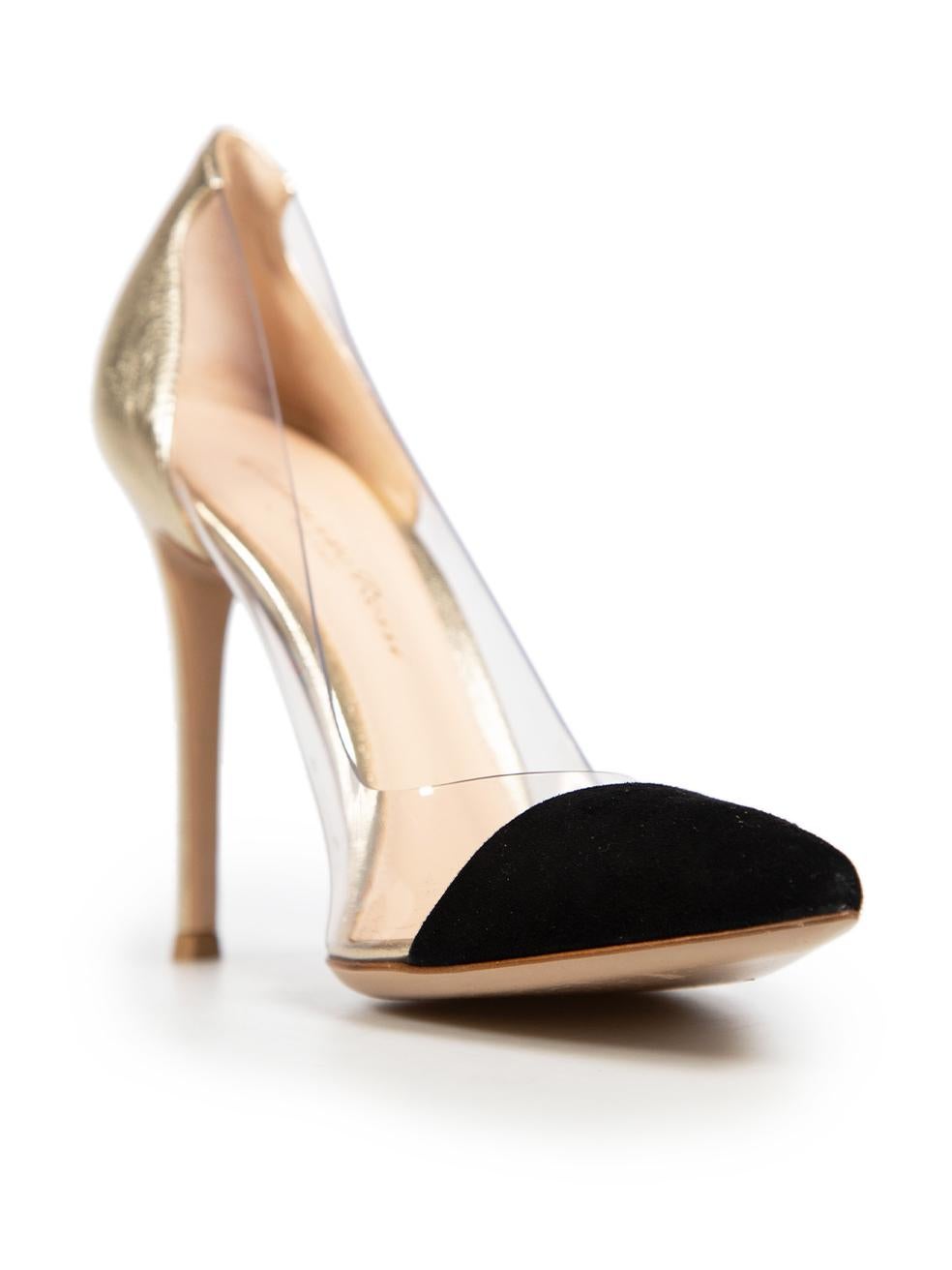 CONDITION is Very good. Minimal wear to the shoes is evident, there are light scratches on the plastic side panels of the shoes. The front tips of the shoes have minor discolouration on this used Gianvito Rossi designer item. These shoes come with