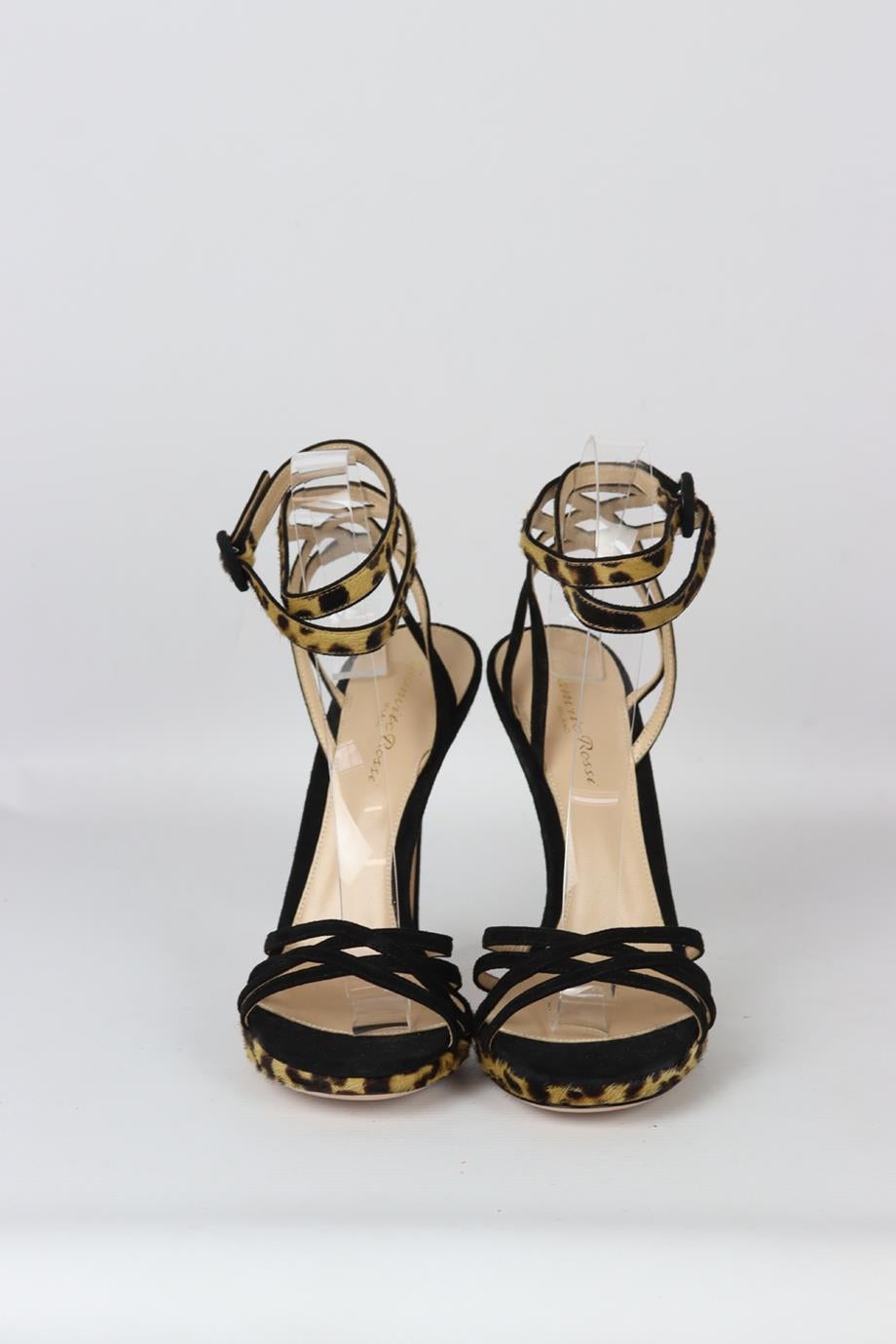 Gianvito Rossi leopard print calf hair and suede sandals. Black, beige and brown. Buckle fastening at side. Does not come with dustbag or box. Heel Height: 3.6 in. Platform: 0.7 in. Insole: 9.5 in. New without box