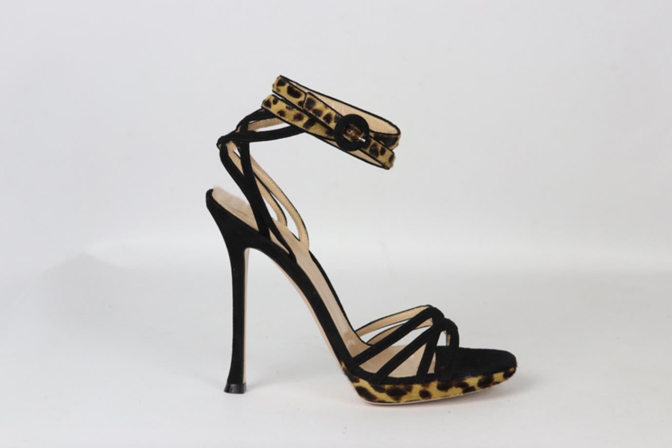 Women's Gianvito Rossi Leopard Print Calf Hair And Suede Sandals Eu 38.5 Uk 5.5 Us 8.5