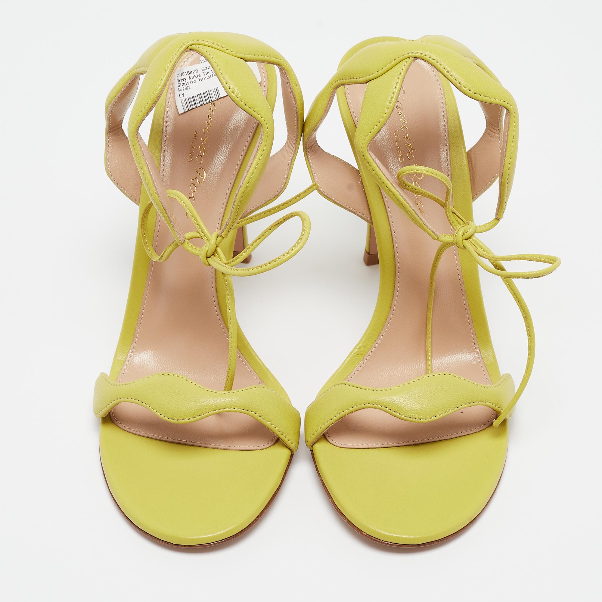 Brown Gianvito Rossi Light Green Leather Wavy Ankle Tie Sandals Size 37