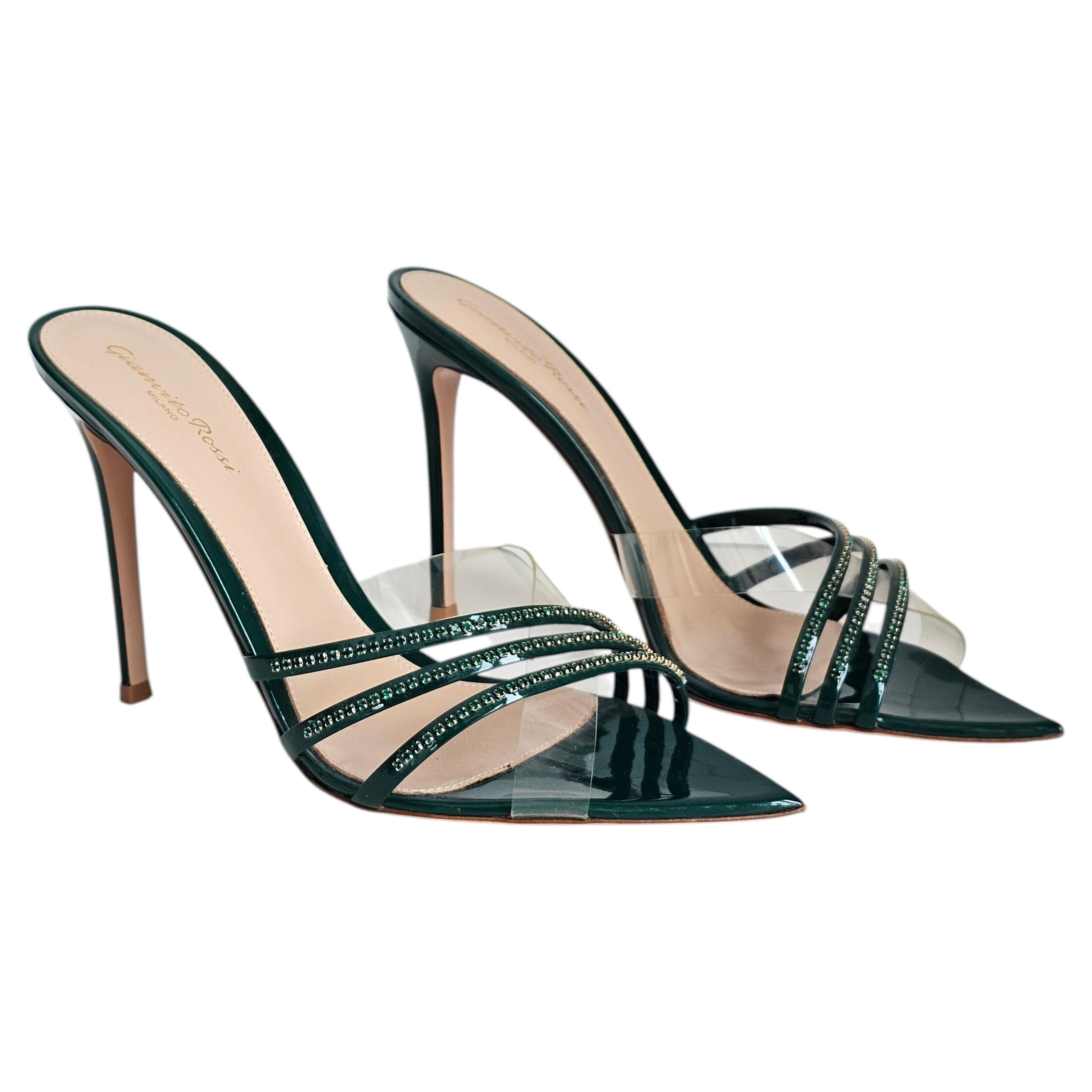Gianvito Rossi Marea Green Patent Plexi Crystal Mules EU 41 US 11 Fits 10 For Sale
