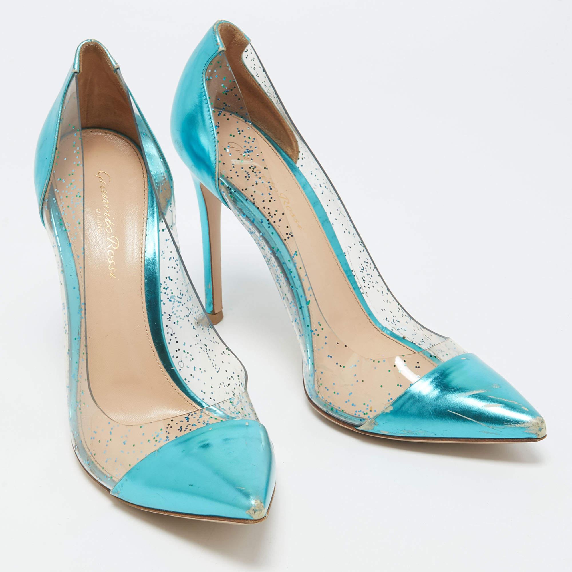 Women's Gianvito Rossi Metallic Blue Leather and Glitter PVC Plexi Pumps Size 38.5 For Sale