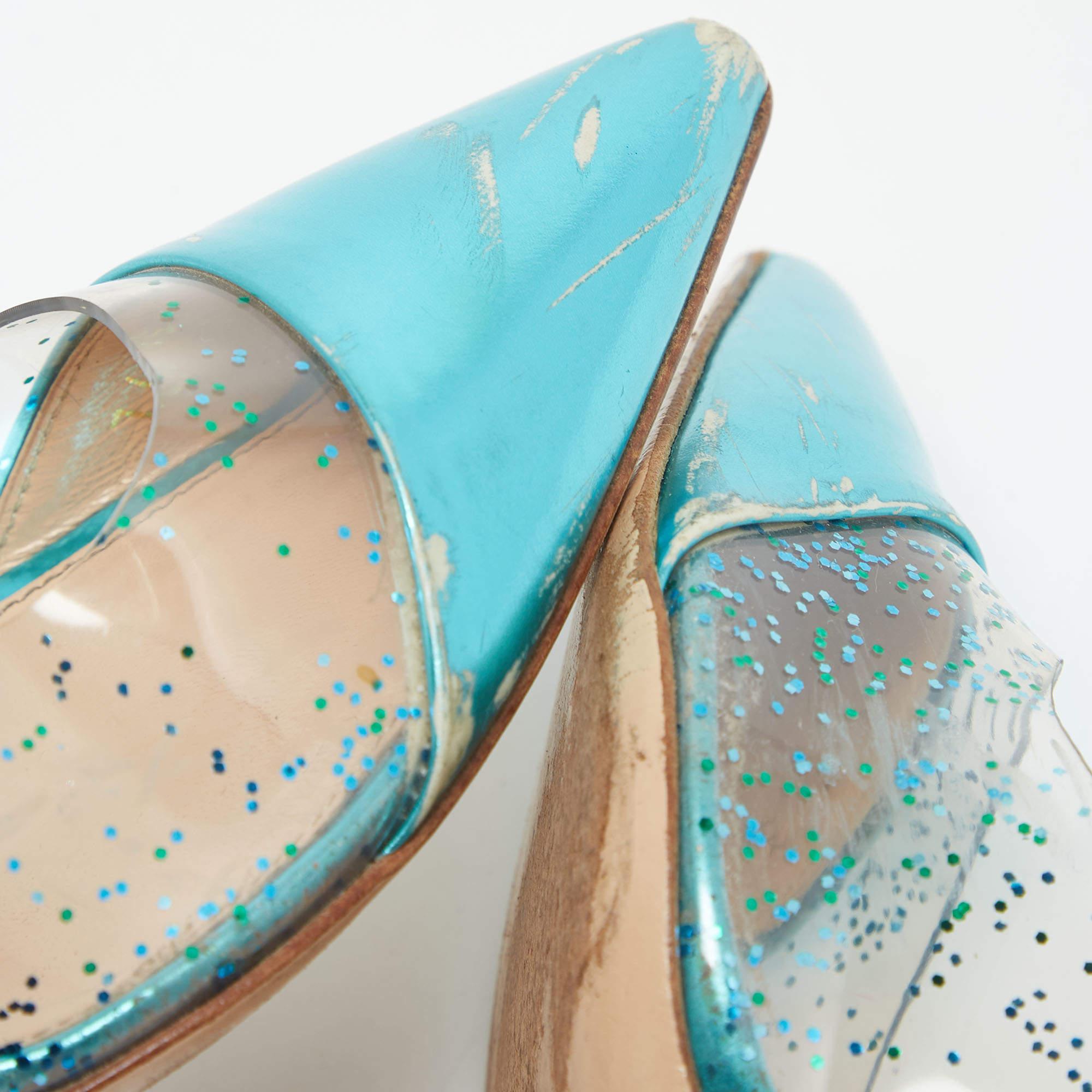 Gianvito Rossi Metallic Blue Leather and Glitter PVC Plexi Pumps Size 38.5 For Sale 3