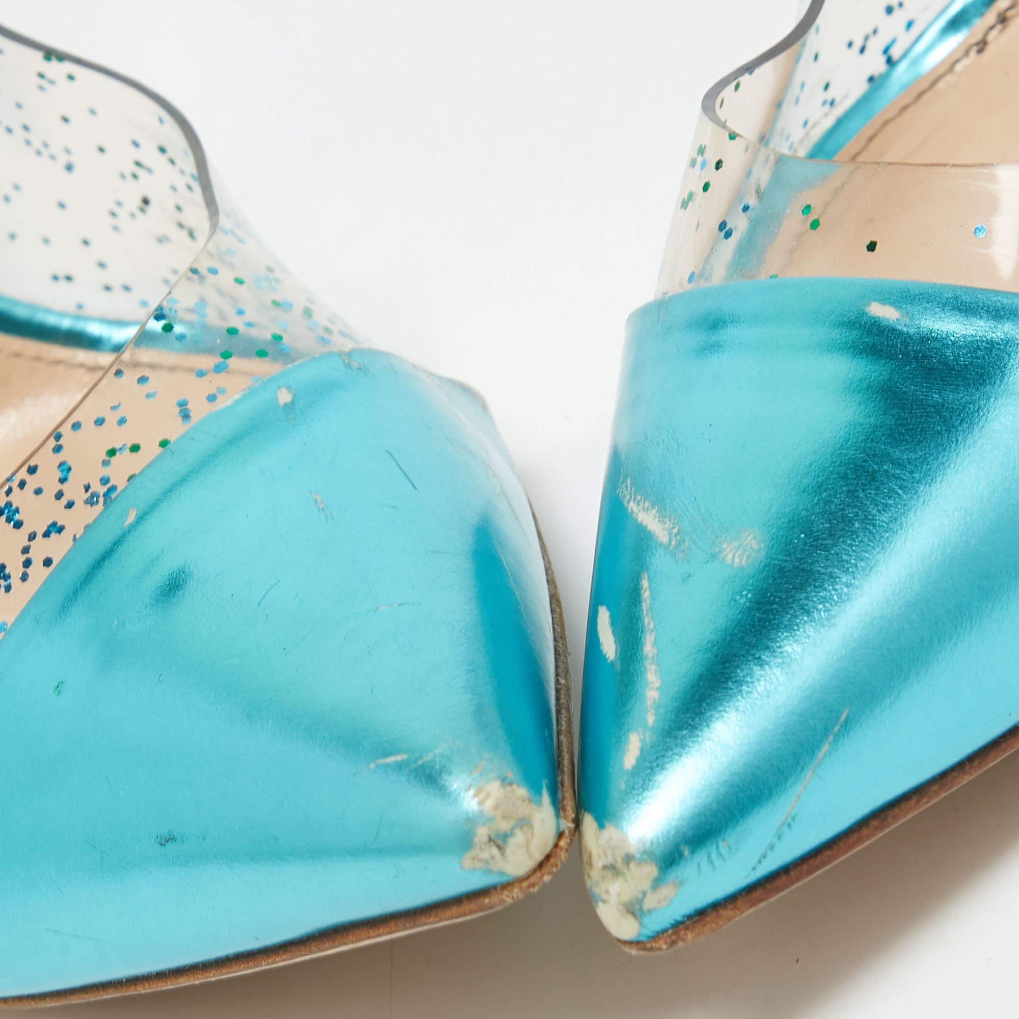 Gianvito Rossi Metallic Blue Leather and Glitter PVC Plexi Pumps Size 38.5 For Sale 4